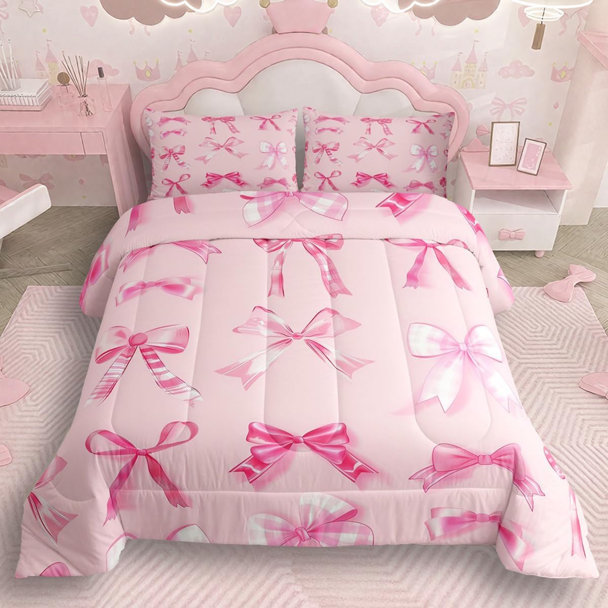 jejeloiu Pink Bow Bedding Set Queen Girls Bow Comforter Set for Kids Teens Girls Cute Bowknot Comforter Breathable Soft Lightweight Microfiber Kawaii Cute Pink Room Decor
