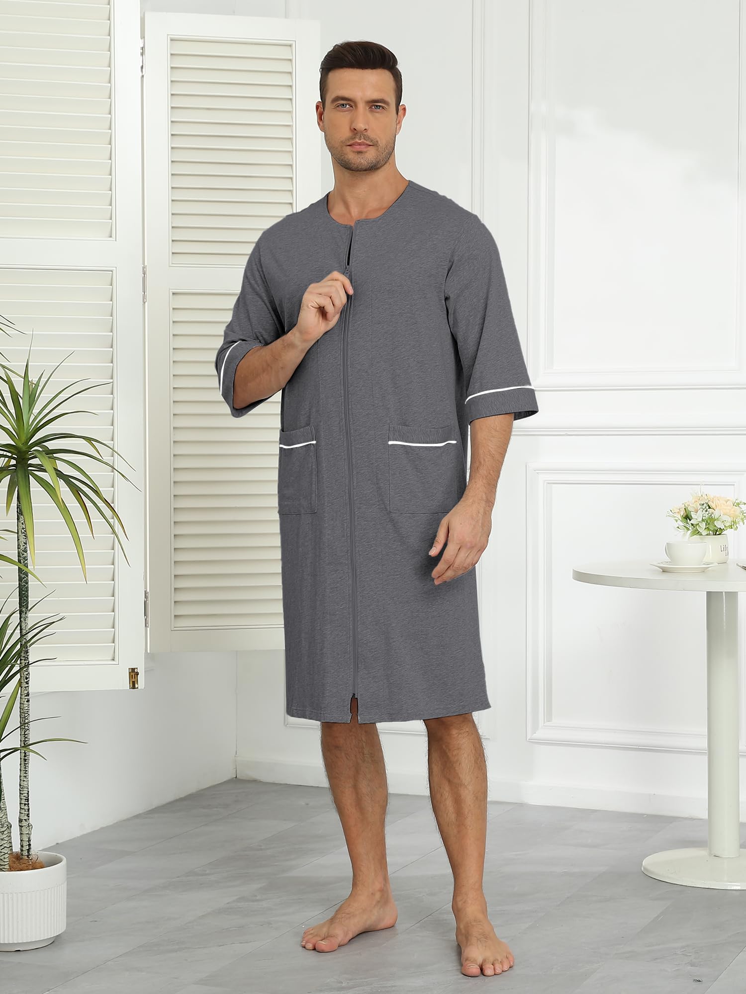 COLORFULLEAF Herren-Bademantel aus 100 % Baumwolle, weicher Reißverschluss, kurzärmelig, Sommer-Kimono, Hausmantel mit Taschen