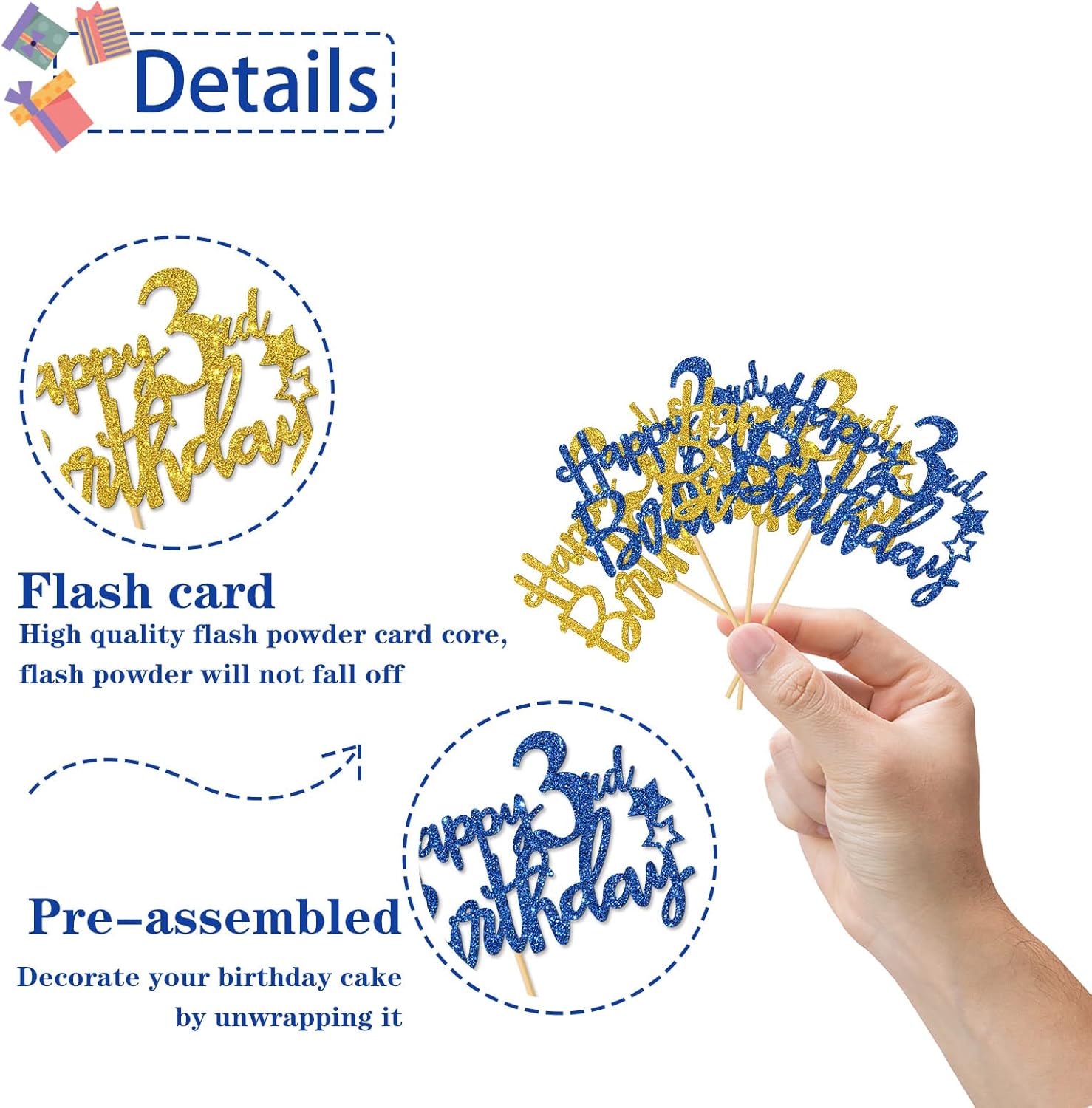 Happy 3rd Birthday Cupcake Toppers - Kid Boy Girl Three Years Old Bday Cupcake Supplies - 3rd Birthday Party Decorations - 24 PCS Blue & Gold Glitter - Image 3