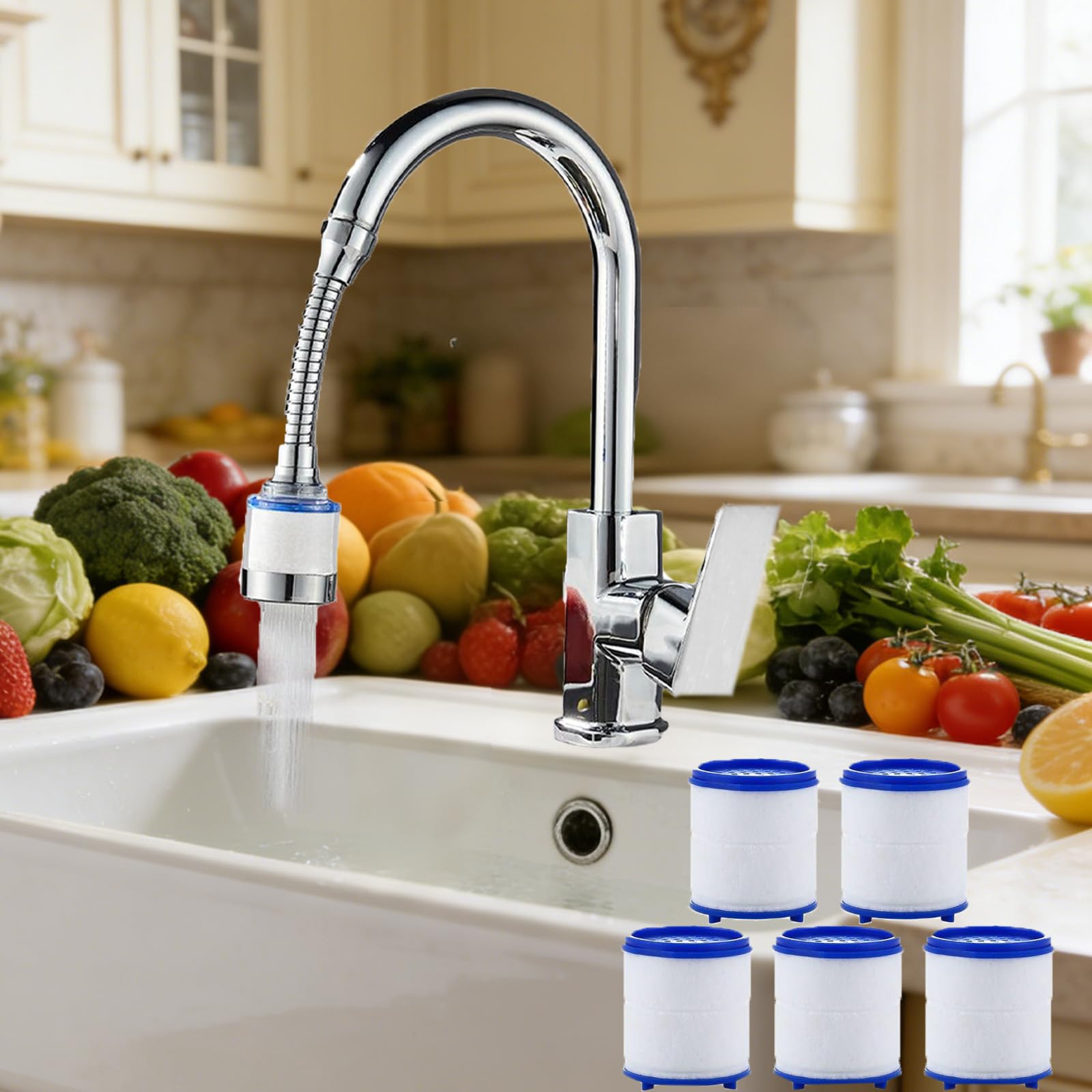 Adjustable Faucet Water Filter Universal 360 Rotating Bathroom Sink Filter Equipped with Five Filter cartridges for Home Kitchen