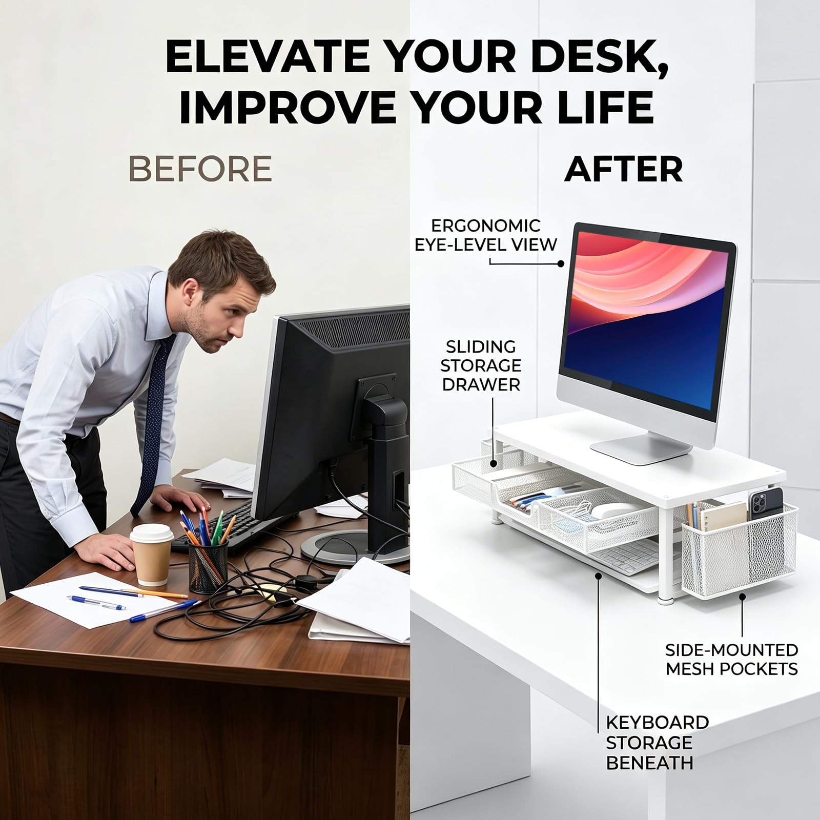 FARYODI Supporto da scrivania per monitor con 2 portapenne, cassetto, organizer da scrivania, supporto ergonomico da tavolo per monitor e computer portatile (bianco)