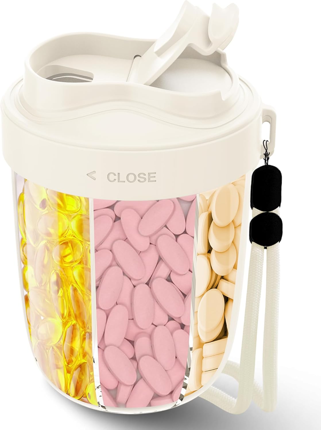 Large Pill Organizer,Supplement Organizer for 7 Different Vitamins,Pill Dispenser with Anti-Mixing Design,Easy to Retrieve Meds,Includes 20 Pcs Labels,BPA-Free Travel Pill Organizer (Cream White)