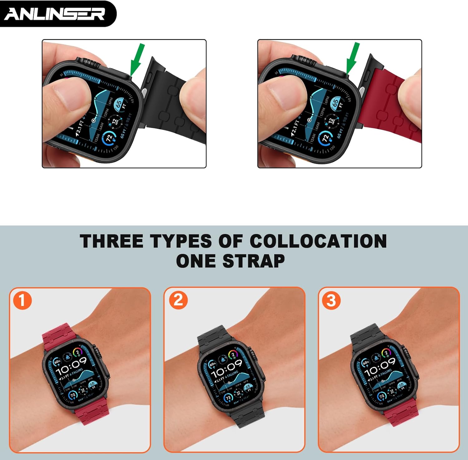 Anlinser Compatible with Apple Watch Band 49mm 46mm 45mm 44mm 42mm for Women Men, Double Side Reversible Magnetic Strap for iWatch Ultra 3/2/1 Series 11/10/9/8/7-1 SE (Red/Black) - Image 3