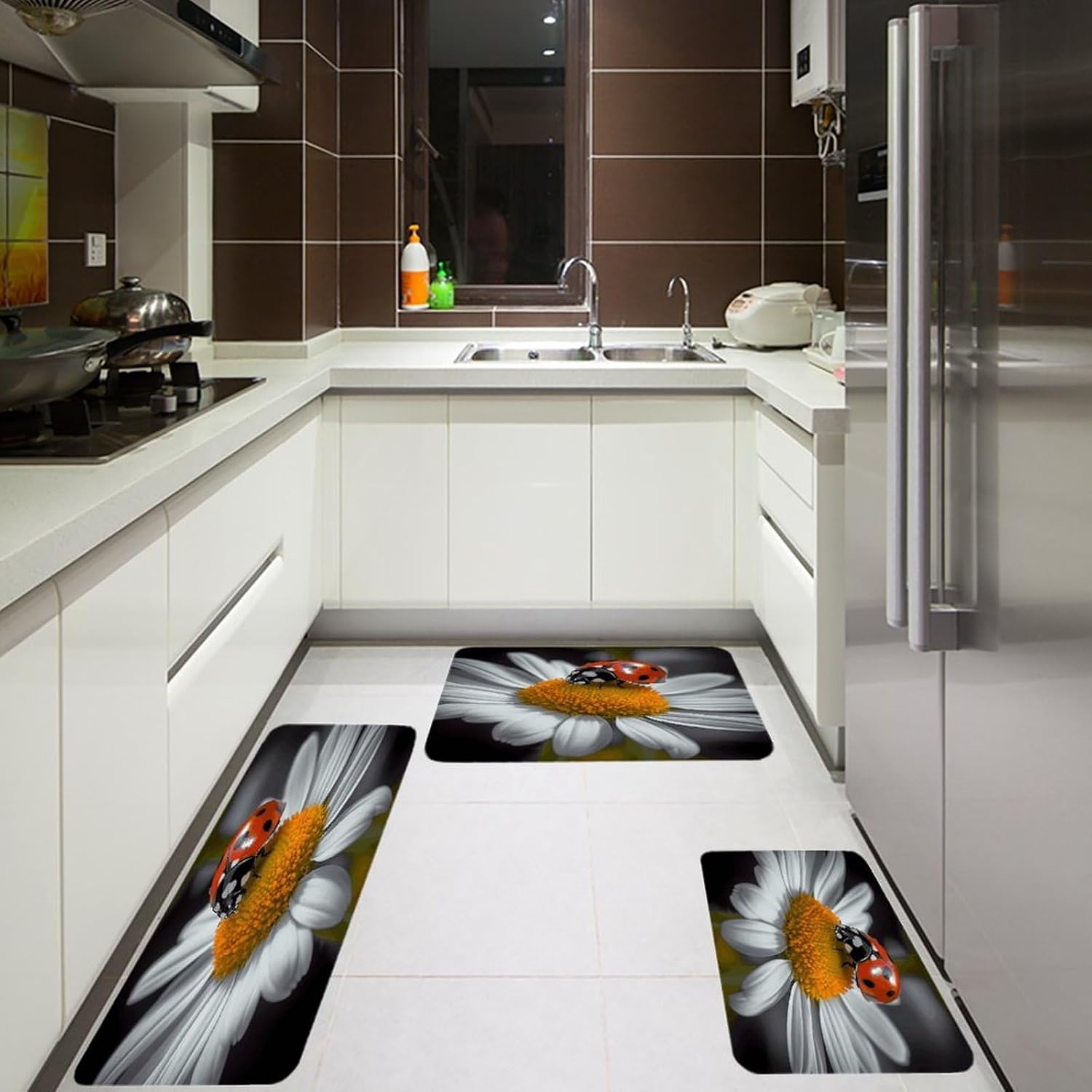 Ladybug Daisy Kitchen Rugs Sets of 3 Washable Non Slip Kitchen Rug Water Resistant Carpet Piece Anti Fatigue Kitchen Mats Soft Comfort Standing Mat Modern Area Rug