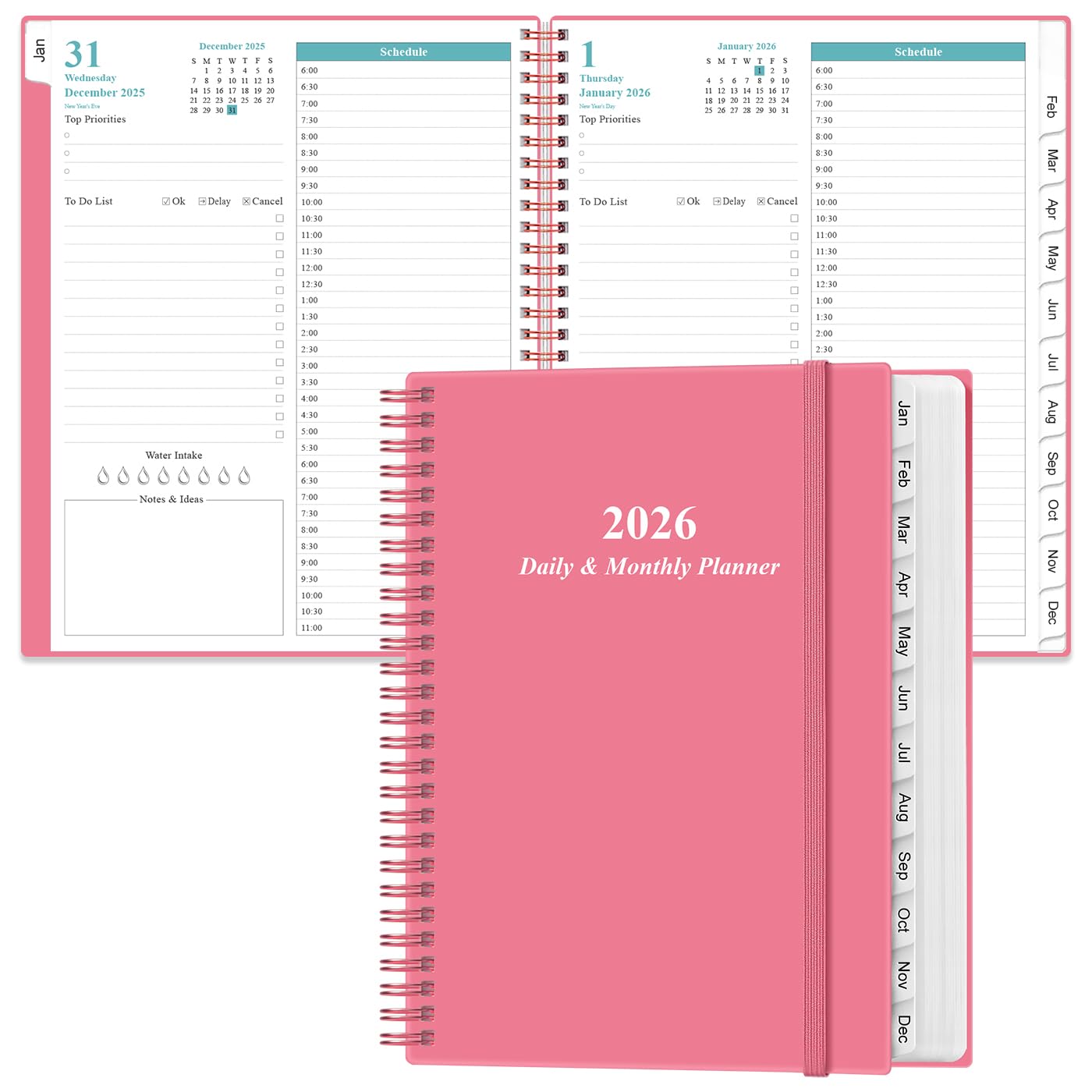 2026 Daily & Monthly Planner - One Page Per Day, Daily Planner from January 2026 - December 2026, Planner 2026 with 12 Monthly Tabs, 8.5" x 11", Pink