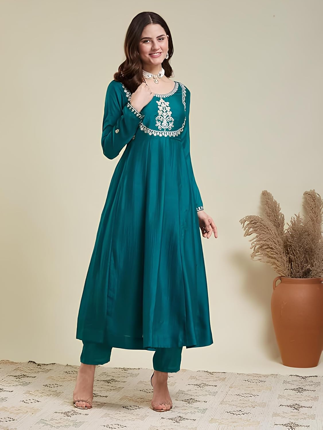 Women's Silk Anarkali & Pant with Dupatta Set - Indian Ethnic Traditional Wear Anarkali Kurta Set