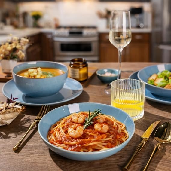 GBHOME Dinnerware Sets for 6, 24 Pieces Ceramic Plates and Bowls Set | Scratch Resistant Stoneware Dishes Set, Dishwasher & Microwave Safe, Reactive Glaze-Blue