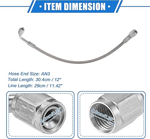 Miniatura 6 de AN3 - Línea de alimentación de aceite turbo de acero trenzado de 90 grados a extremo de manguera recta, turbocompresor remoto de 12 pulgadas, línea