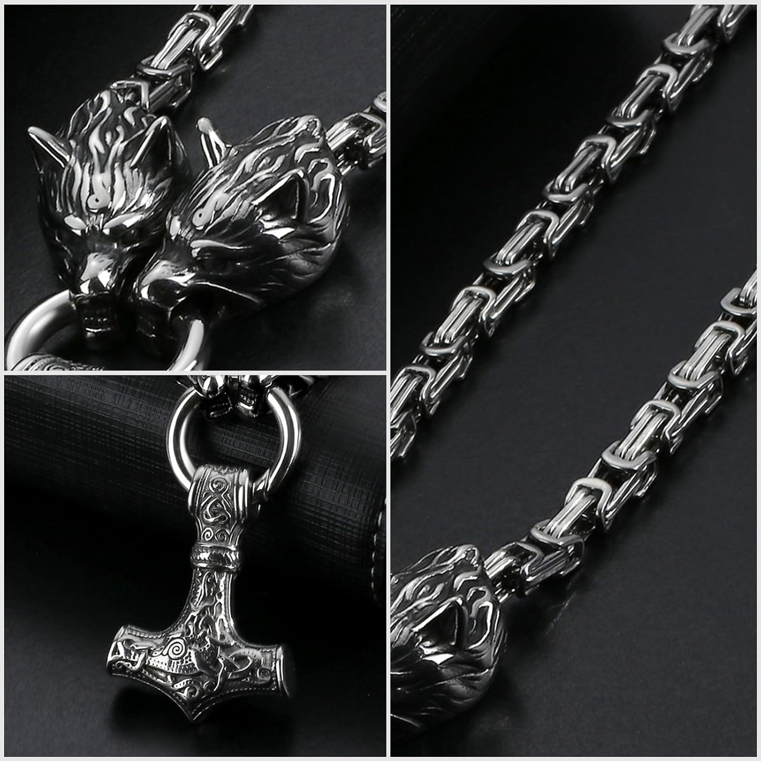 OIDEA Viking Mjolnir Necklace for Men with Wolf Head King Chain, Stainless Steel Viking Amulet Thors Hammer Necklace Pendant Norse Pagan Jewelry
