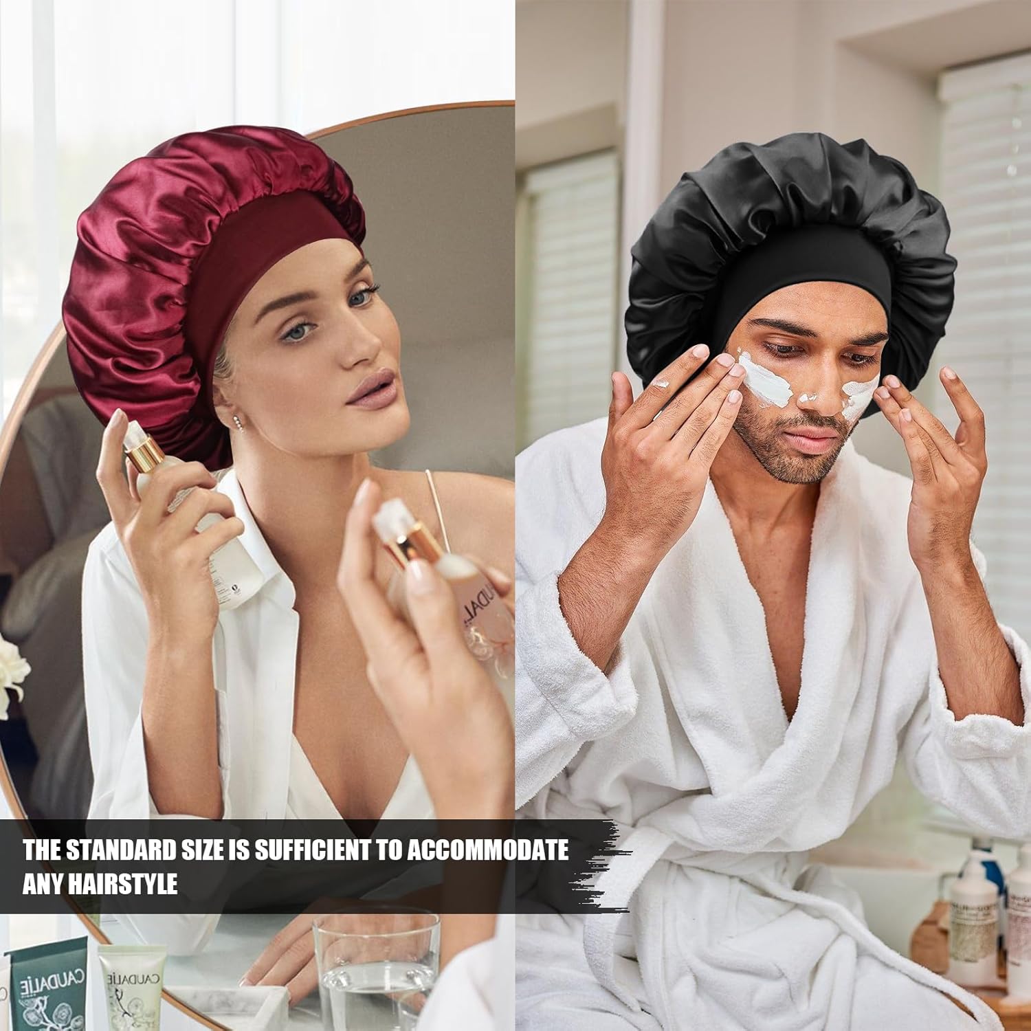 Satin Silk Bonnet for Sleeping, Double Layer Silk Sleep Cap for Men & Women, Soft Satin Lined Bonnet for Curly Hair Black image 5 of 6 B0DMSDC5MM