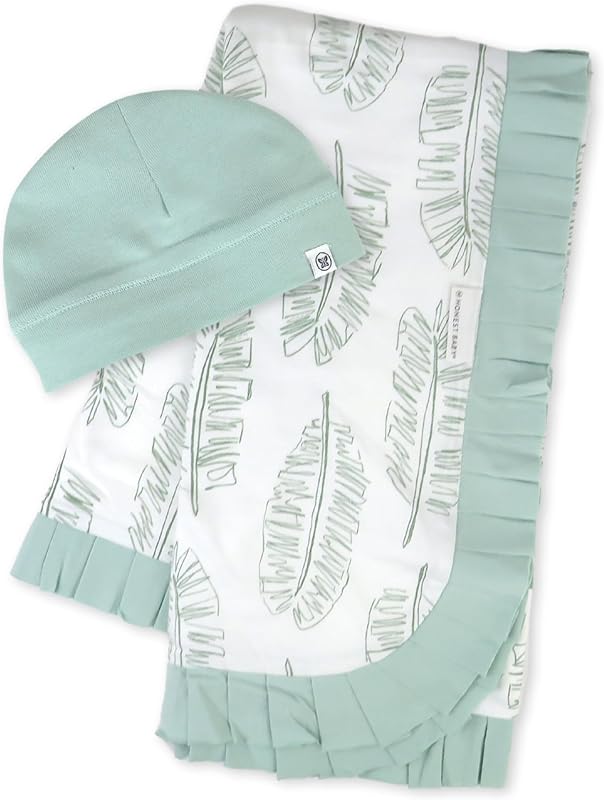 Manta de punto para cochecito con detalle de ribete y gorro de bebé, 100% algodón orgánico para niños y niñas, salvia de hoja gigante (paquete de 2), talla única