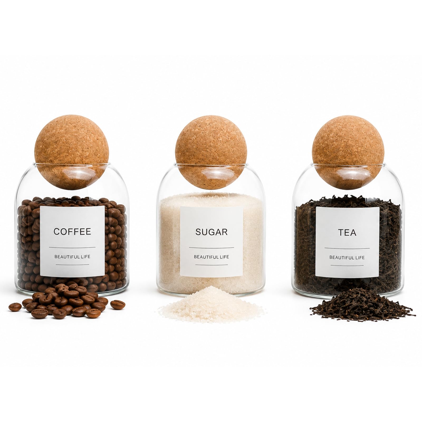 Set of 3 500ml Tea Coffee and Sugar Canisters Set with Cork Lids