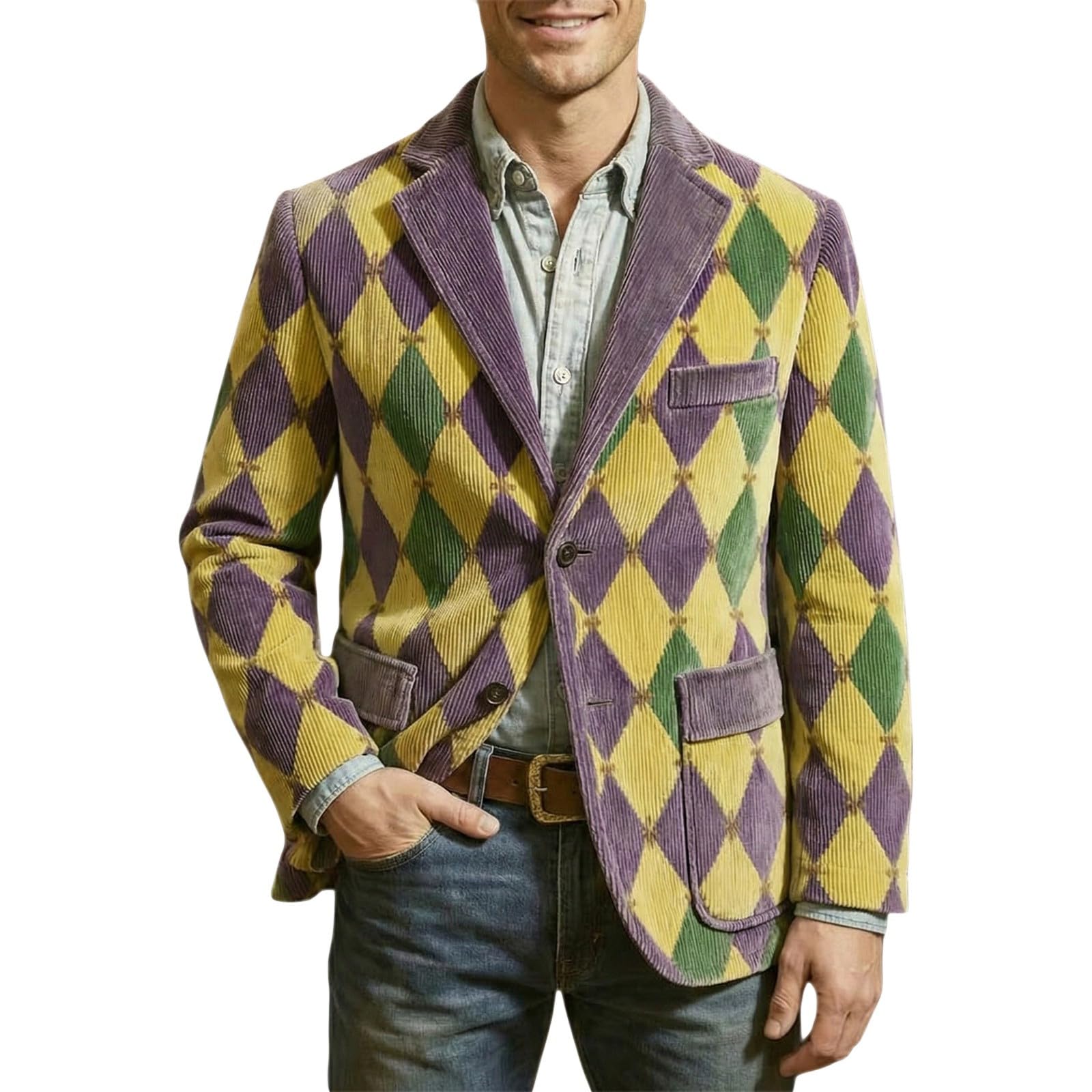 Mardi Gras Jacket Mens Holiday Blazer Outfits Plus Size Suit Sequin Top Accessories Costume Corduroy Cardigan Apparel, Z-01-Purple, XL — image 1