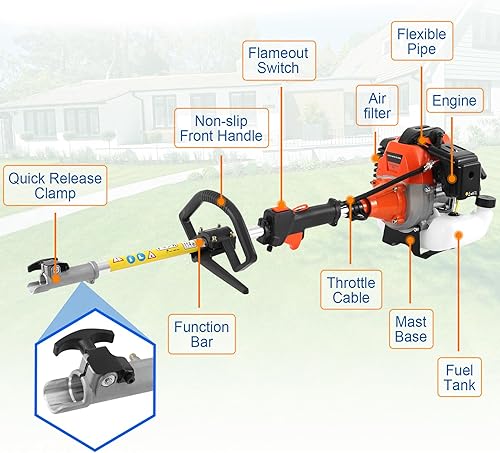 Miniatura 8 de Samger - Cortasetos de gas de 2 ciclos de 52 cc, combo de recortadora de setos de jardín 5 en 1, recortadora a gas con poste de extensión,