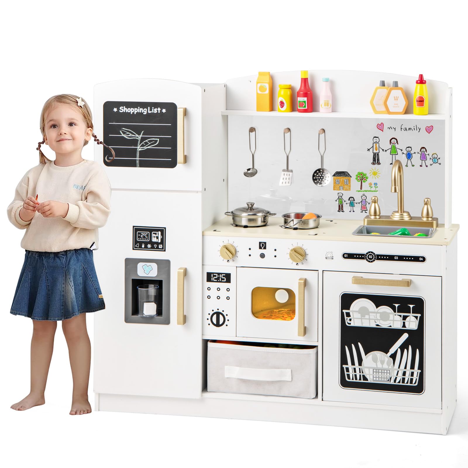 HOMASIS Cucina per Bambini in Legno, Cucina Giocattolo con Microonde Illuminato, Fornello, Forno, Lavandino, Macchina per il Gelato, Lavagna, 8 Accessori e Cestini, per Bambini dai 3 Anni, Bianco