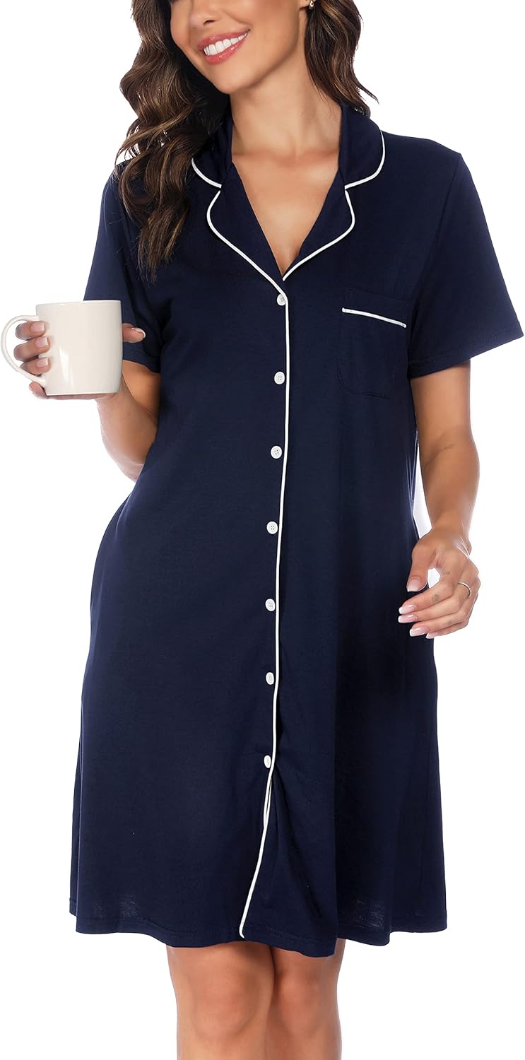 Vlazom Women's Nightgowns Short Sleeve Sleep Shirts Nightshirt V Neck Button Down Pajama Sleepwear S-XXL - Image 5