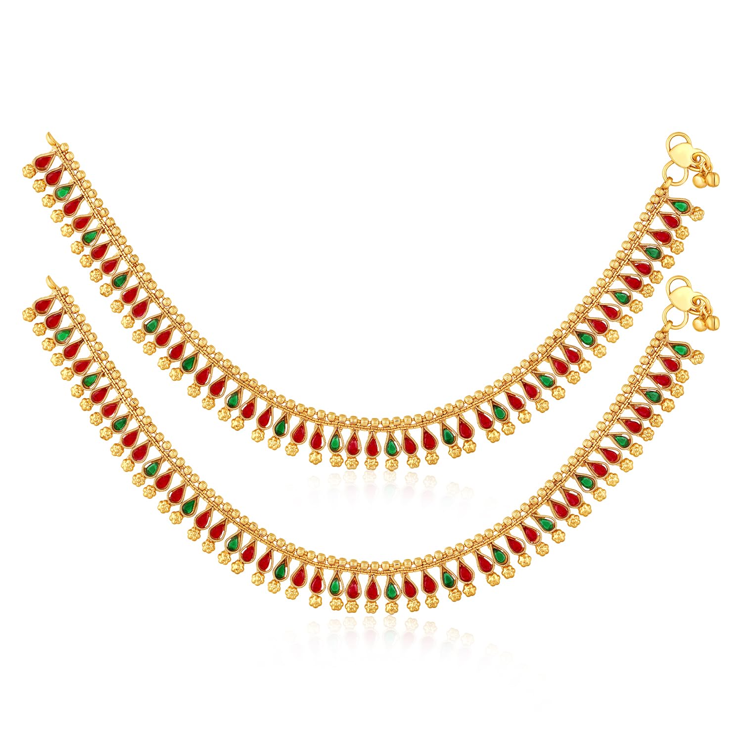 Gold Plated Red Green Synthetic Stone Studded Anklet Fancy Payal Fashion Jewellery for Women-image-4