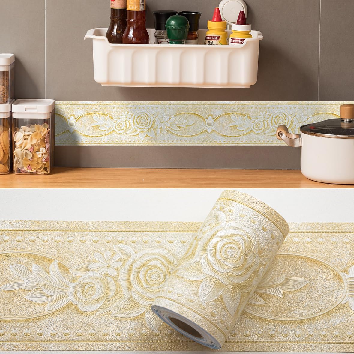 AbaBoorty Beige Floral Wallpaper Border Decor 196"X4.1" Peel and Stick Wall Border Waterproof Tiles Sticker Wallpaper Self Adhesive Removable Wall Stickers for Bedroom Living Room Decor
