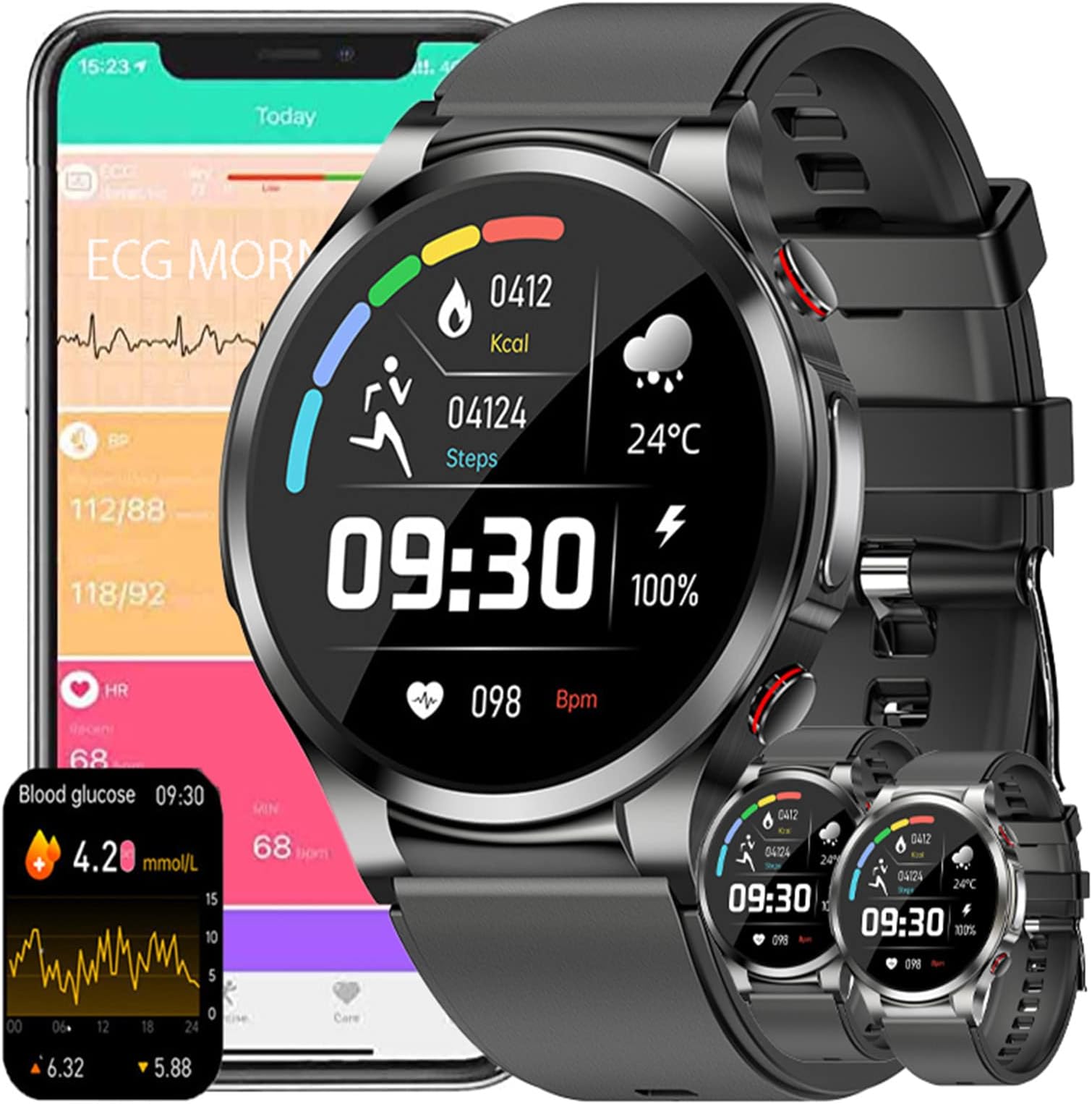 FUfIzu Ecg Smart Watch Blood Sugar Gluocse Glucometer,Smart Watch Glucometer Blood Glucose Digital Sports Watch ECG Monitoring,smart Watch Diabetes,Fitness Tracker Men Women,Black,Large
