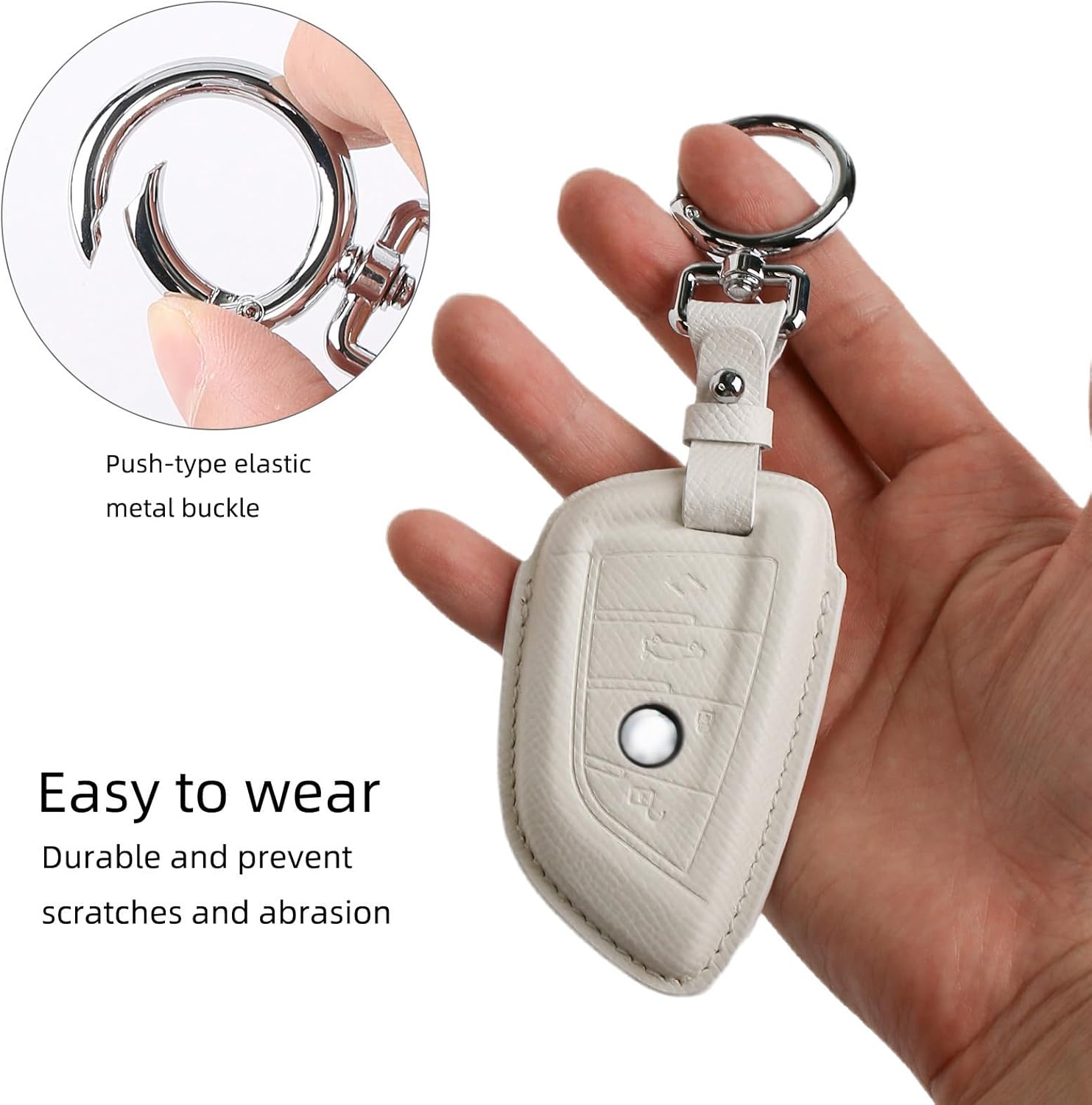 Leather Key Fob Cover Case, Keychain Shell, Compatible for BMW 2 5 6 7 X1 X2 X3 X5 X6 Series(White) - Image 5