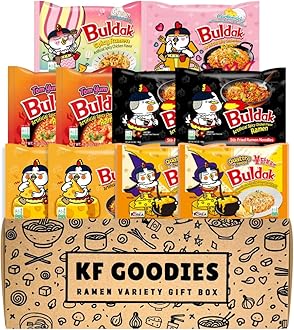 Korean Ramen Variety Pack Gift Box (10 Count - Carbonara, Cream Carbonara, Cheese (2), Original (2), Quattro Cheese (2), Tom Yum (2)) – Spicy Buldak Noodle Assortment for Birthdays, College Care Packages, Office Snacks, and Gift Baskets