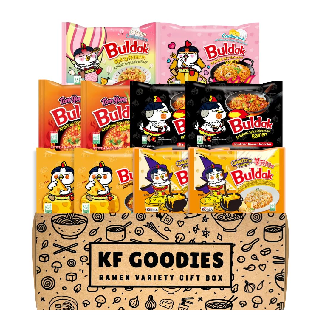 Korean Ramen Variety Pack Gift Box (10 Count - Carbonara, Cream Carbonara, Cheese (2), Original (2), Quattro Cheese (2), Tom Yum (2)) – Spicy Buldak Noodle Assortment for Birthdays, College Care Packages, Office Snacks, and Gift Baskets