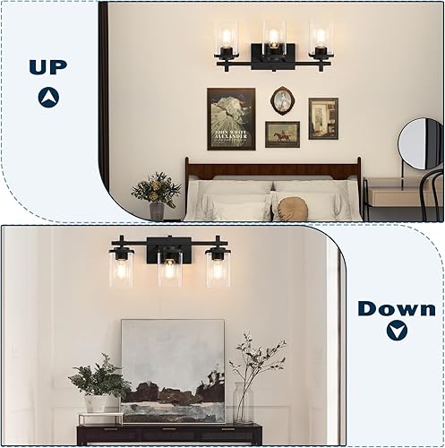 Miniatura 4 de Lámparas de tocador de baño de 3 luces sobre el espejo, modernos apliques de pared negros con pantalla de vidrio transparente, luces de tocador para