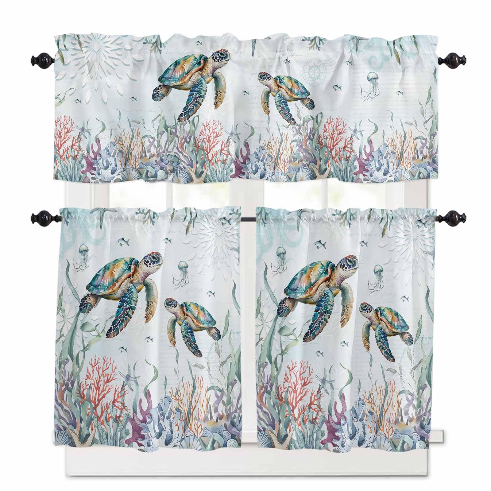 Sea Turtle Ocean Kitchen Curtains 36 Inch Length, 3 Piece Rod Pocket Small Half Tiers and Valance Set, Summer Beach Coastal Coral Seagrass Small Large Window Treatment Decor for Bedroom/Bathroom Sink