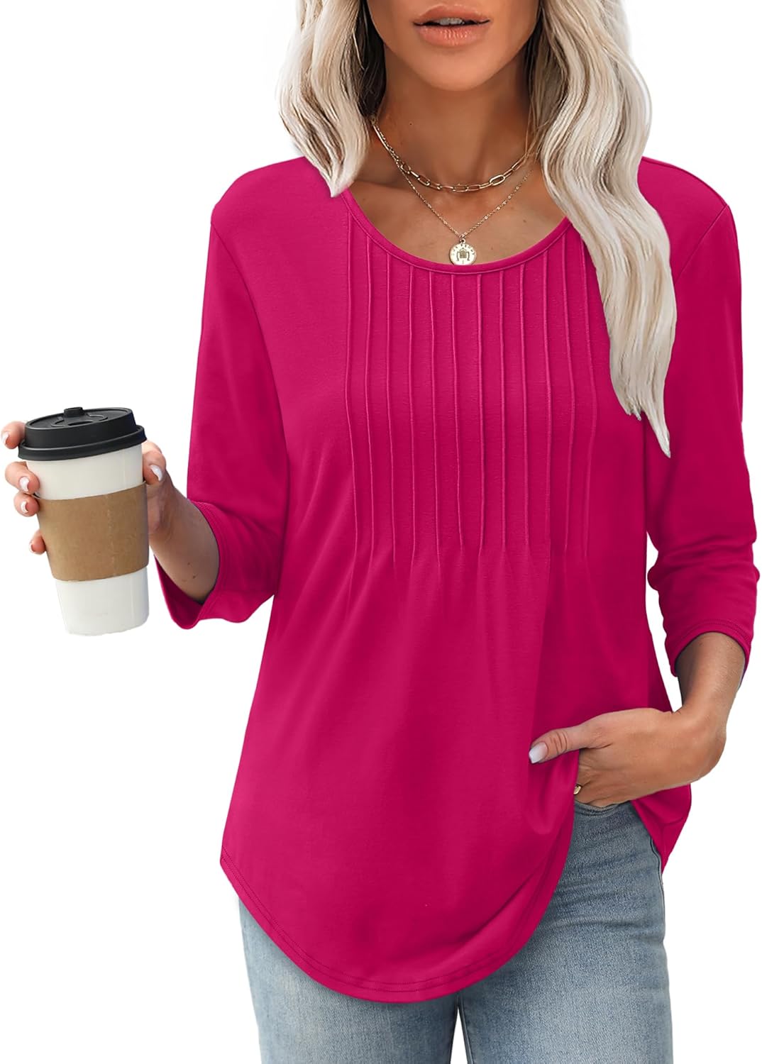 XIEERDUO 3/4 Length Sleeve Tops for Women 2026 Crewneck Casual Pleated Tunic Tops Shirts Blouses - Image 2