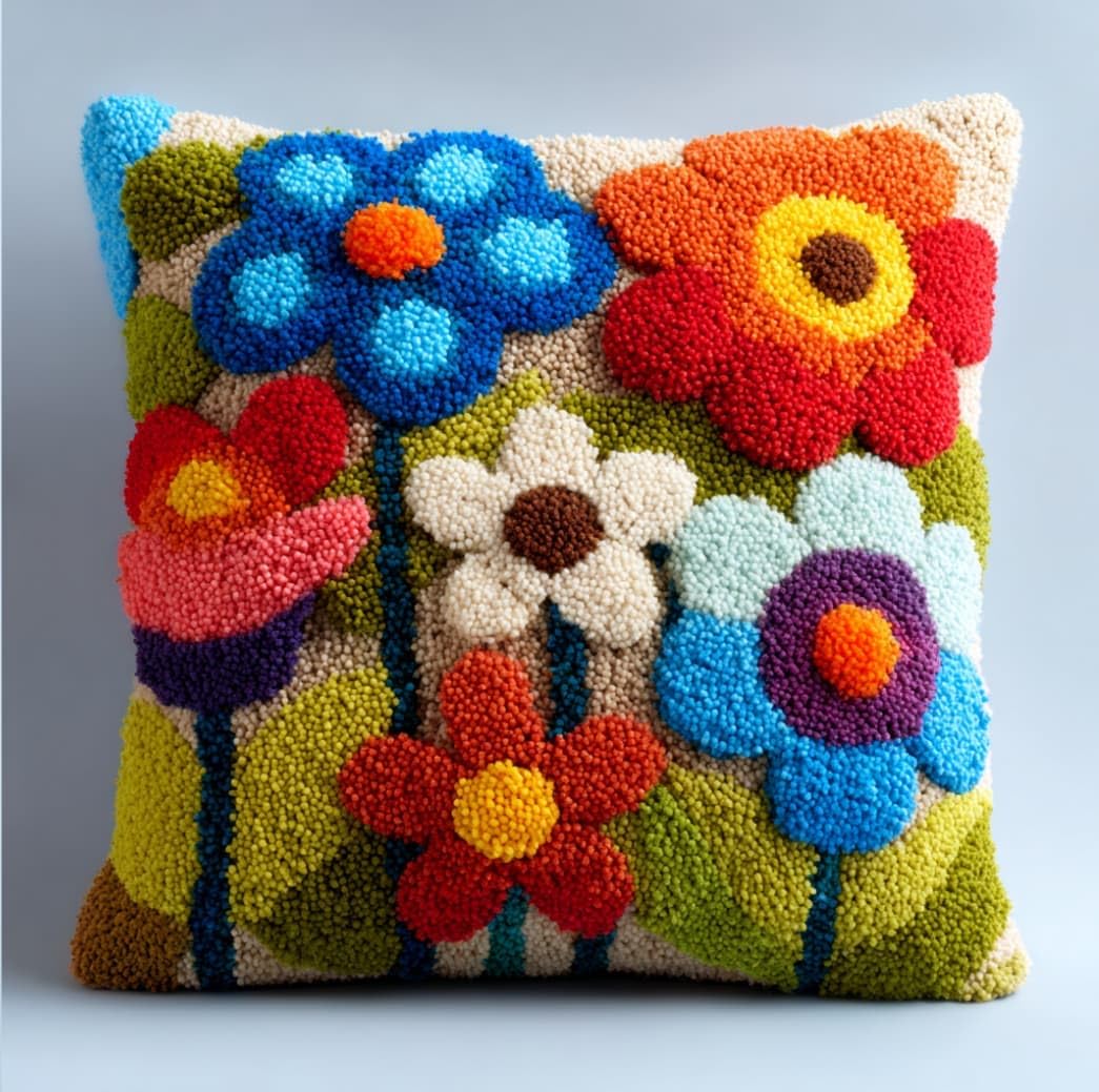 WallustrioaW Latch Hook Pillow Case Kits,Sunflower 17X17 Inch Latch Hook Cushion Cover Kit,Knitting Kits Cushion for Adults Rug Making Kit for Starters