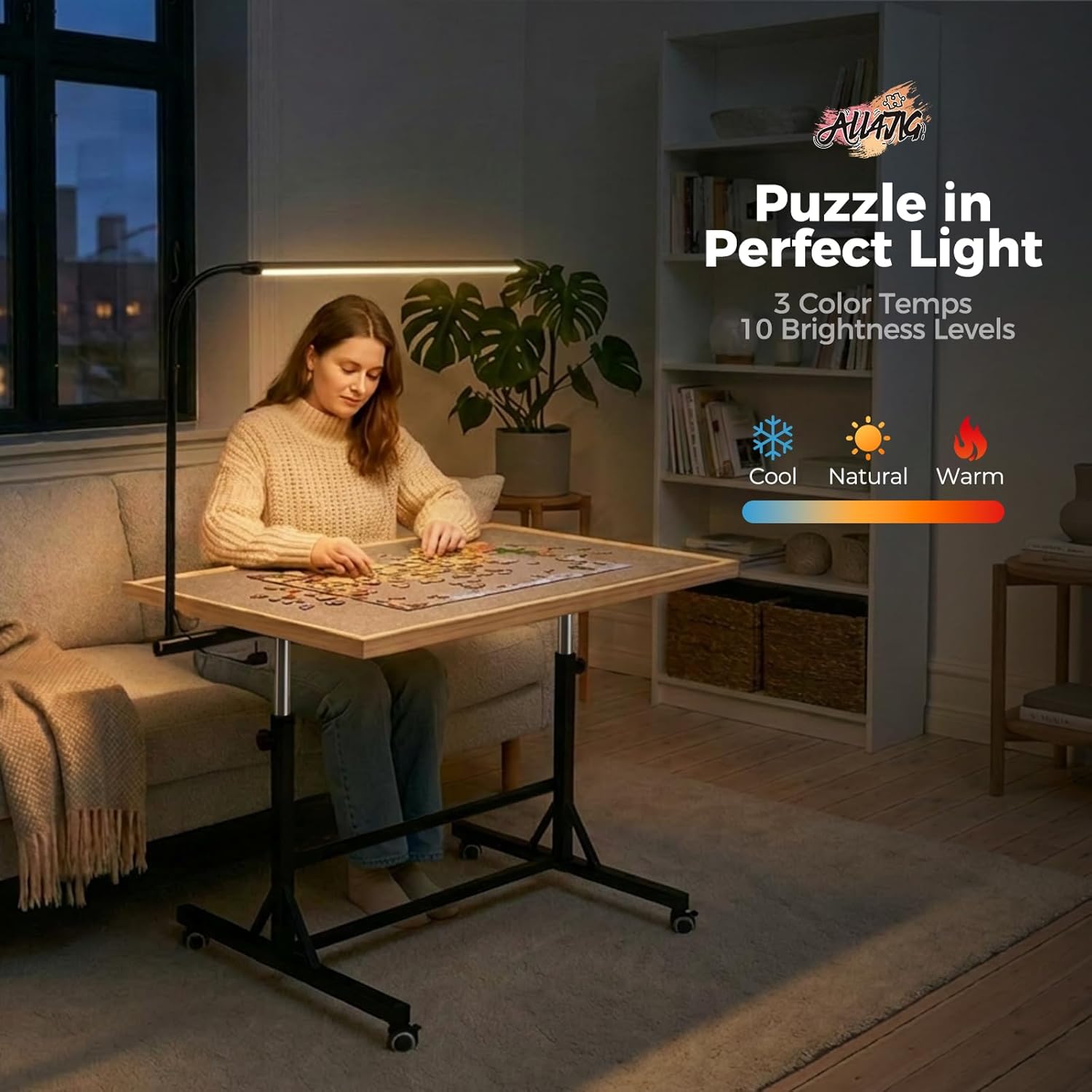 ALL4JIG 1500 Pieces Rotating Puzzle Table with LED Light, 33.58"×24.92" Wooden Jigsaw Puzzle Board with 4 Drawers & Cover, Upgraded Stability, Swivel Rolling Wheels & Vertical Storage Option