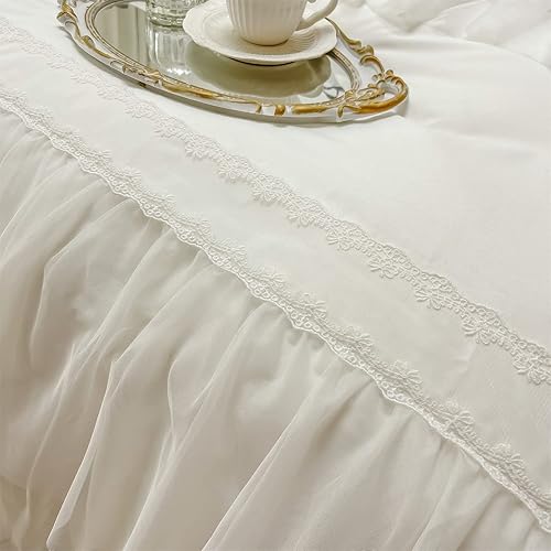 Miniatura 8 de Juego de funda de edredón de encaje con volantes, ropa de cama de princesa blanca elegante con bonito lazo, tamaño individual, 100% poliéster,