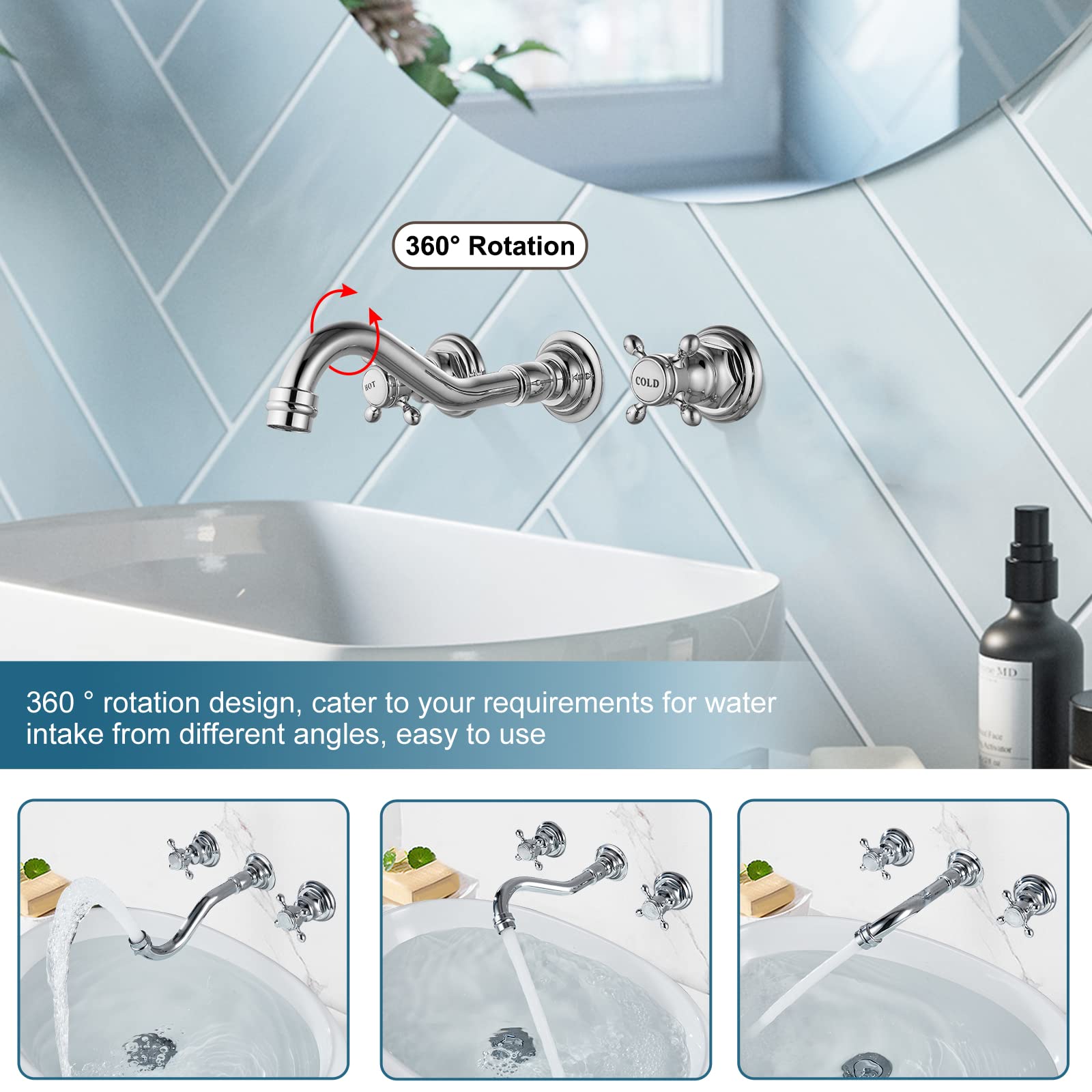 Midanya Widespread Bathroom Sink Faucet Polished Chrome Wall Mount 3 Holes 2 Cross Knobs Brass Lavatory Vessel Basin Mixer Tap Mixing Spout Double Handles Commercial with Hot and Cold Signs