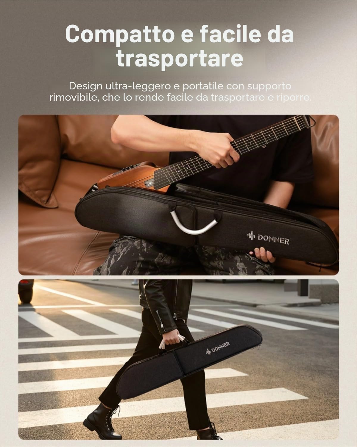 Donner HUSH-I Chitarra da viaggio elettrica acustica portatile, ultraleggera, silenziosa, mogano, borsa