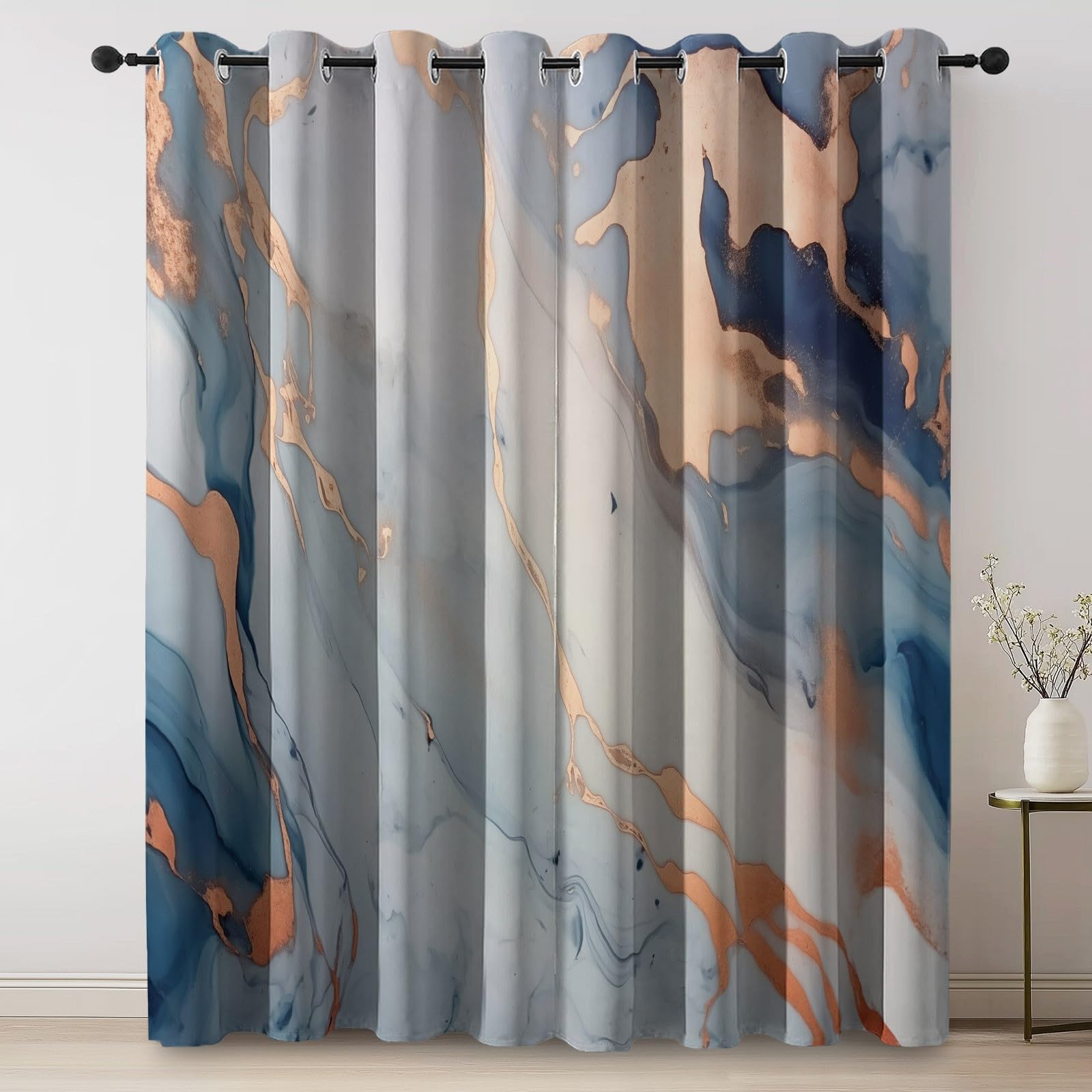 Zasłony zaciemniające z nadrukiem, 100% abstrakcyjny marmur płynny, 140 l x 180 cm (2 panele), termiczne, dźwiękochłonne, energooszczędne, z oczkami do sypialni, salonu niebieskie