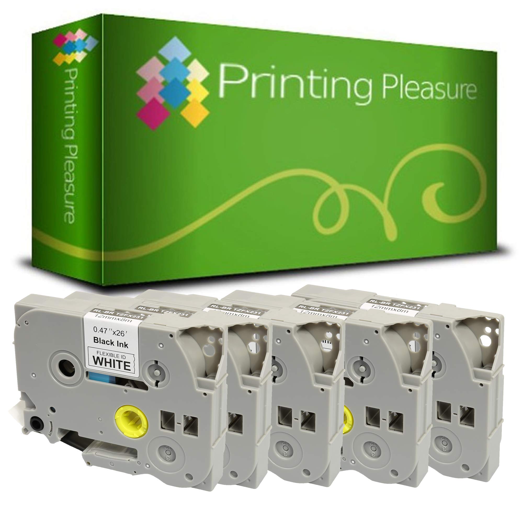 Printing Pleasure 5 x TZe-FX231 TZ-FX231 Black on White Flexible Label Tapes Compatible with P-Touch Label Printing Machines | 12mm x 8m | Laminated