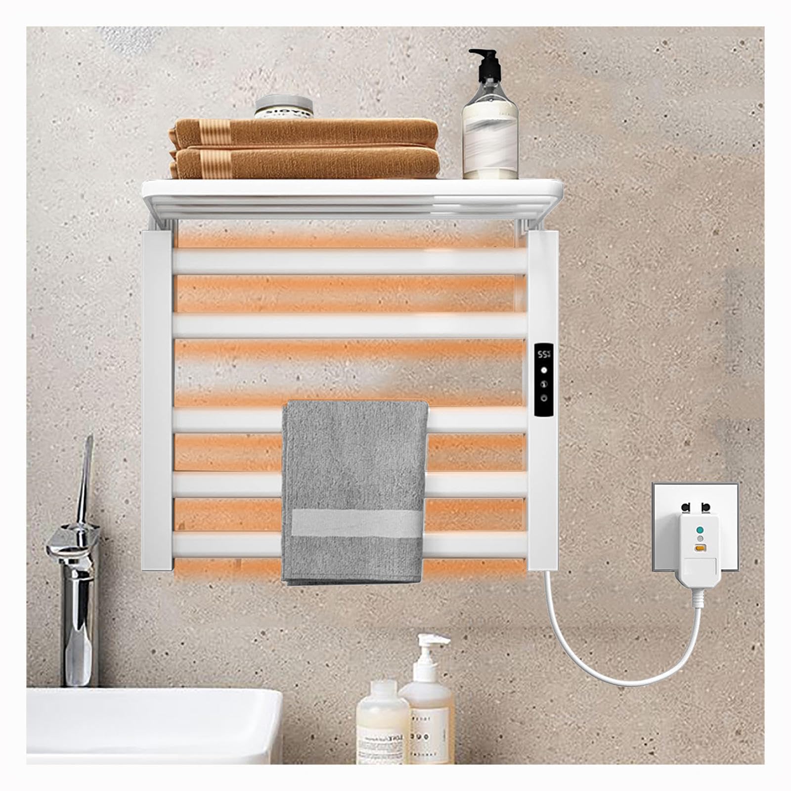 Handtuchwärmer Elektrisch Klein 500x500mm Temperatur Einstellbar mit Timer, mit Thermostat,LED Touch Anzeige,White