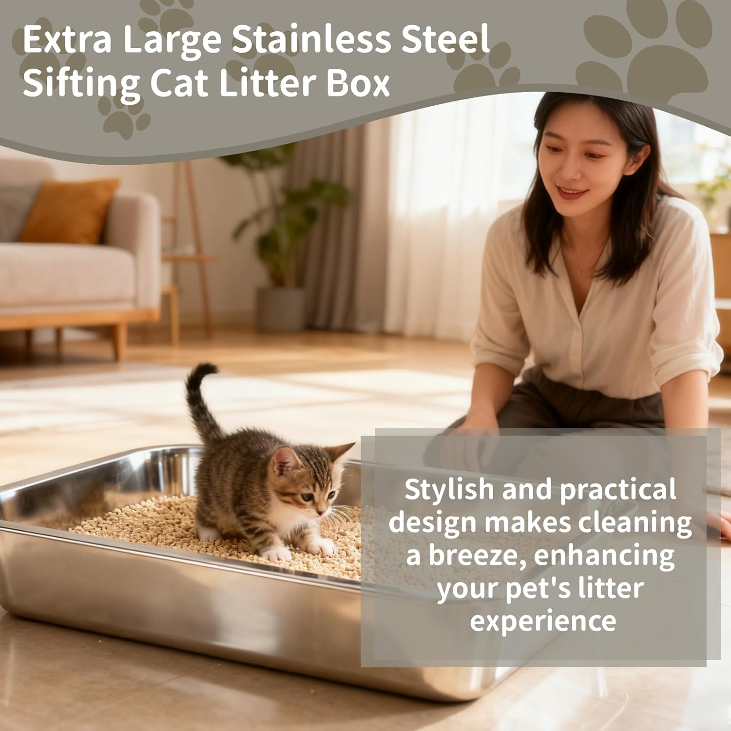 23.6“x15.7"x6" XL Stainless Steel Sifting Cat Litter Box - Metal High Sided Open Top Litterbox Odor Control Non-Clumping with Scoop Litter Mat Trash Bag, Anti-Leakage, Less Tracking, Easy Cleaning