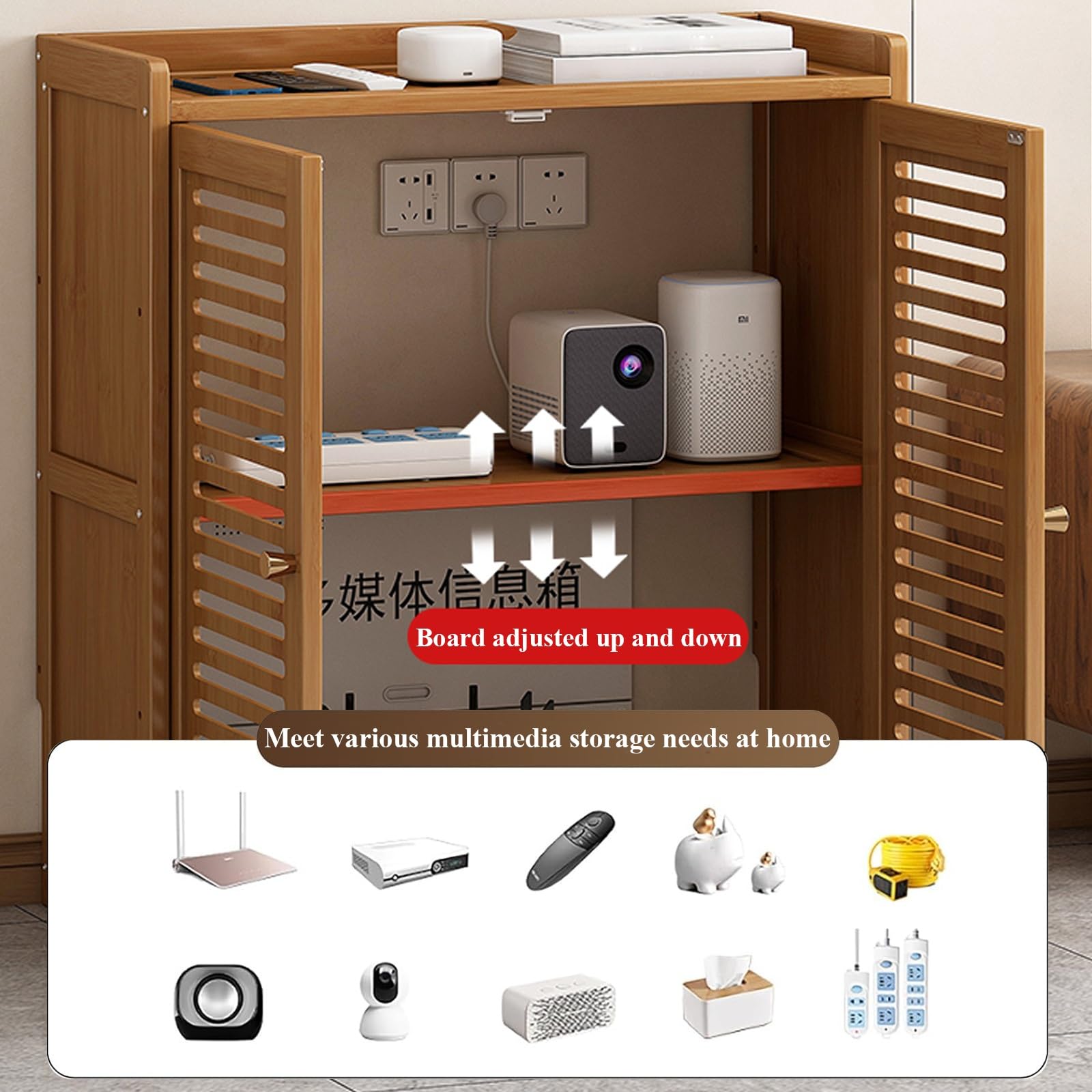 Armadio di archiviazione router WiFi, scatola nascosta e presa elettrica per la gestione dei cavi, armadio indipendente per casa/ufficio, nero, 59 x 25 x 67 cm