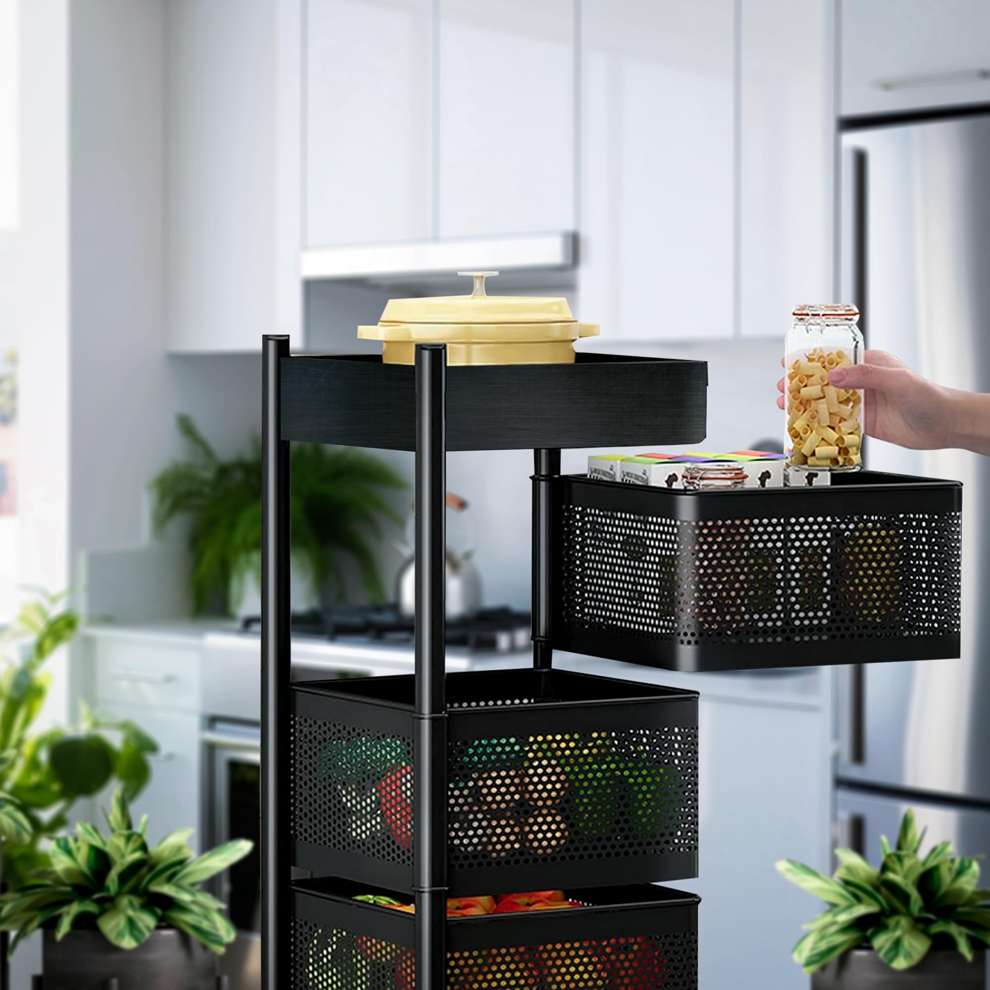 JUPPLIES Carrito Auxiliar con Ruedas - Cesta de Almacenamiento Ahorra Espacio 4 Niveles - Carrito Cocina Giratorio - Estante Cocina, Baño, Estante para Frutas, Verduras, Utensilios-Metalico (Negro V2)