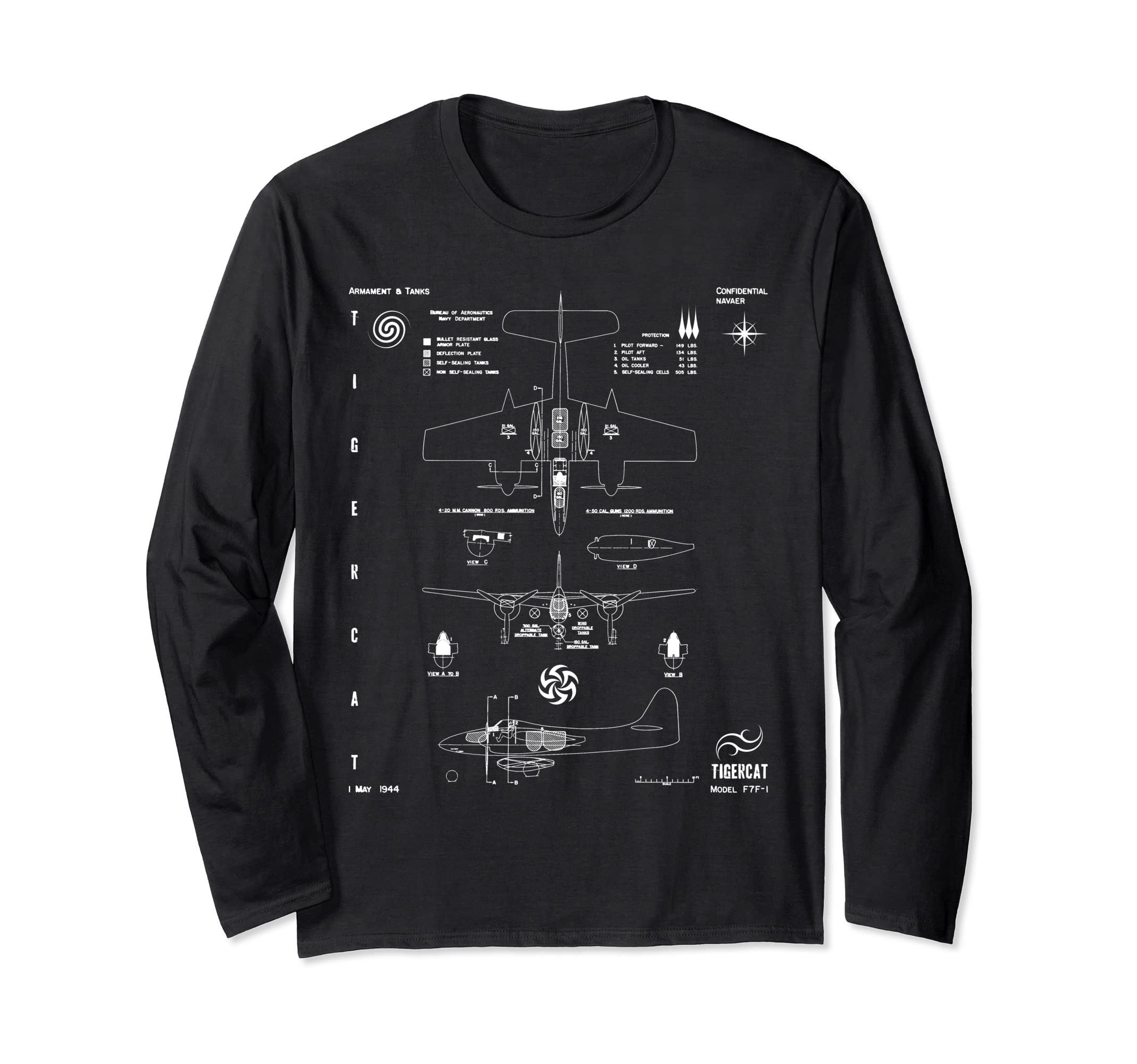 Grumman F7F-1 Tigercat Tanks Armor 3-view Technical Drawing Long Sleeve T-Shirt