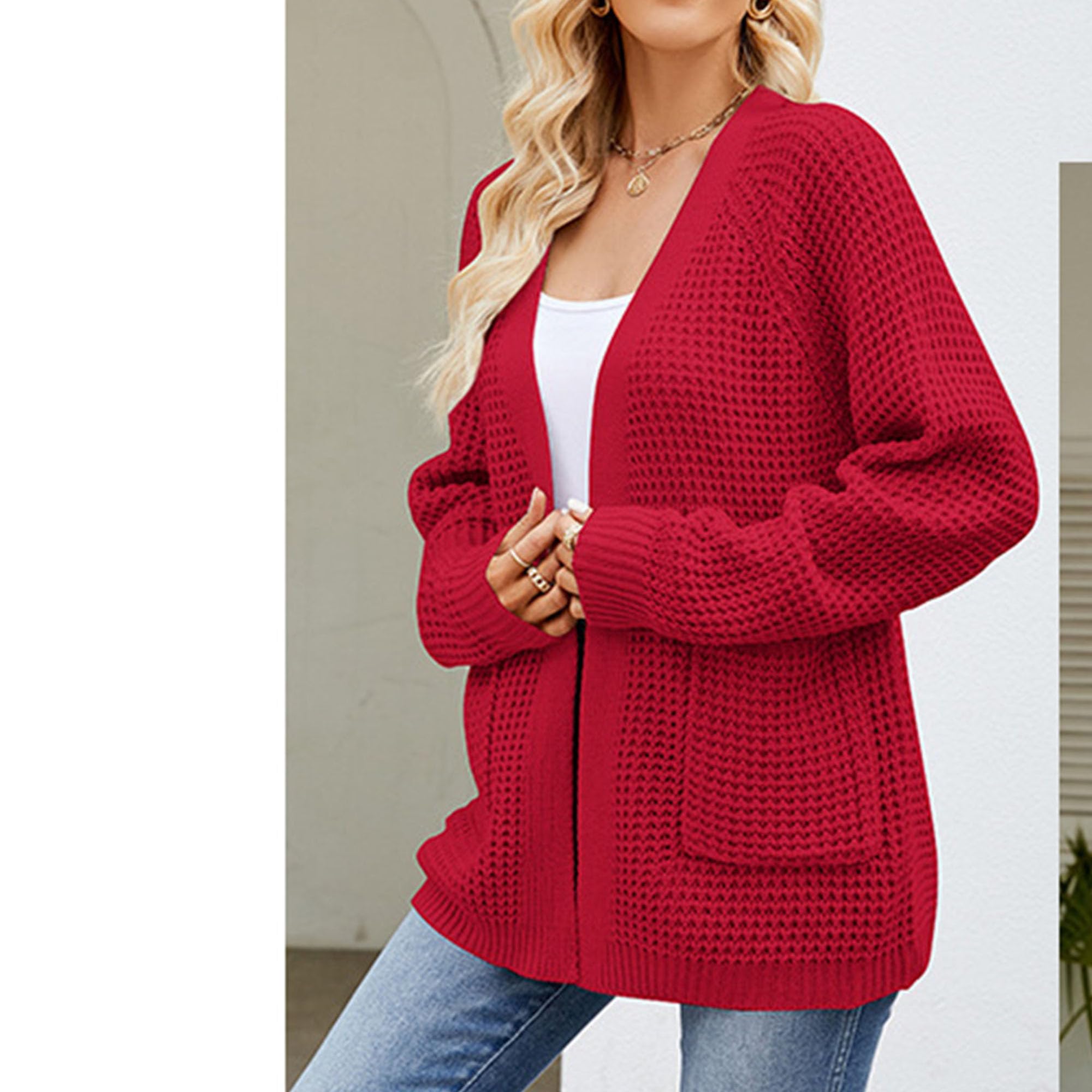 Cardigan Sweater for Women 2024 Fall Open Front Long Sleeve Coat Loose Lightweight Knit Chunky Sweater with Pocket (XX-Large,Red)