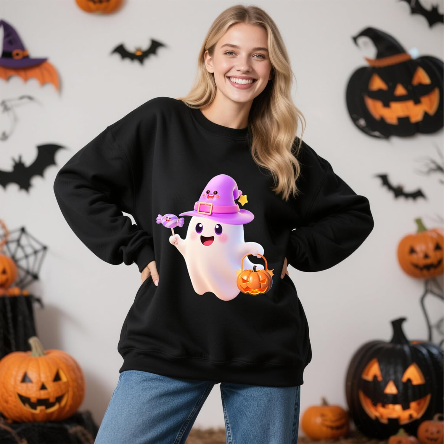 Halloween Sweatshirts for Women - Oversized Ghost Pumpkin Lantern Candy Pattern Round Neck Casual Long Sleeve - Image 7