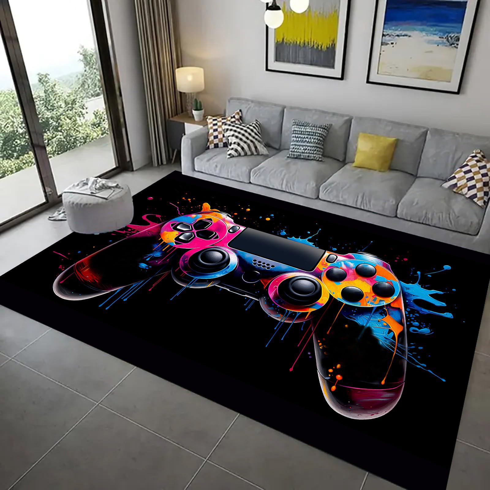 Gaming-Teppich Mehrfarbig Graffiti 80x150cm 3D-Gamepad-Teppich Spielzimmer-ZubehöR Vorleger FüR Teenager-Jungen Langlebig Und Maschinenwaschbar Kinderzimmer Innenmatte füR Die Wohnzimmer