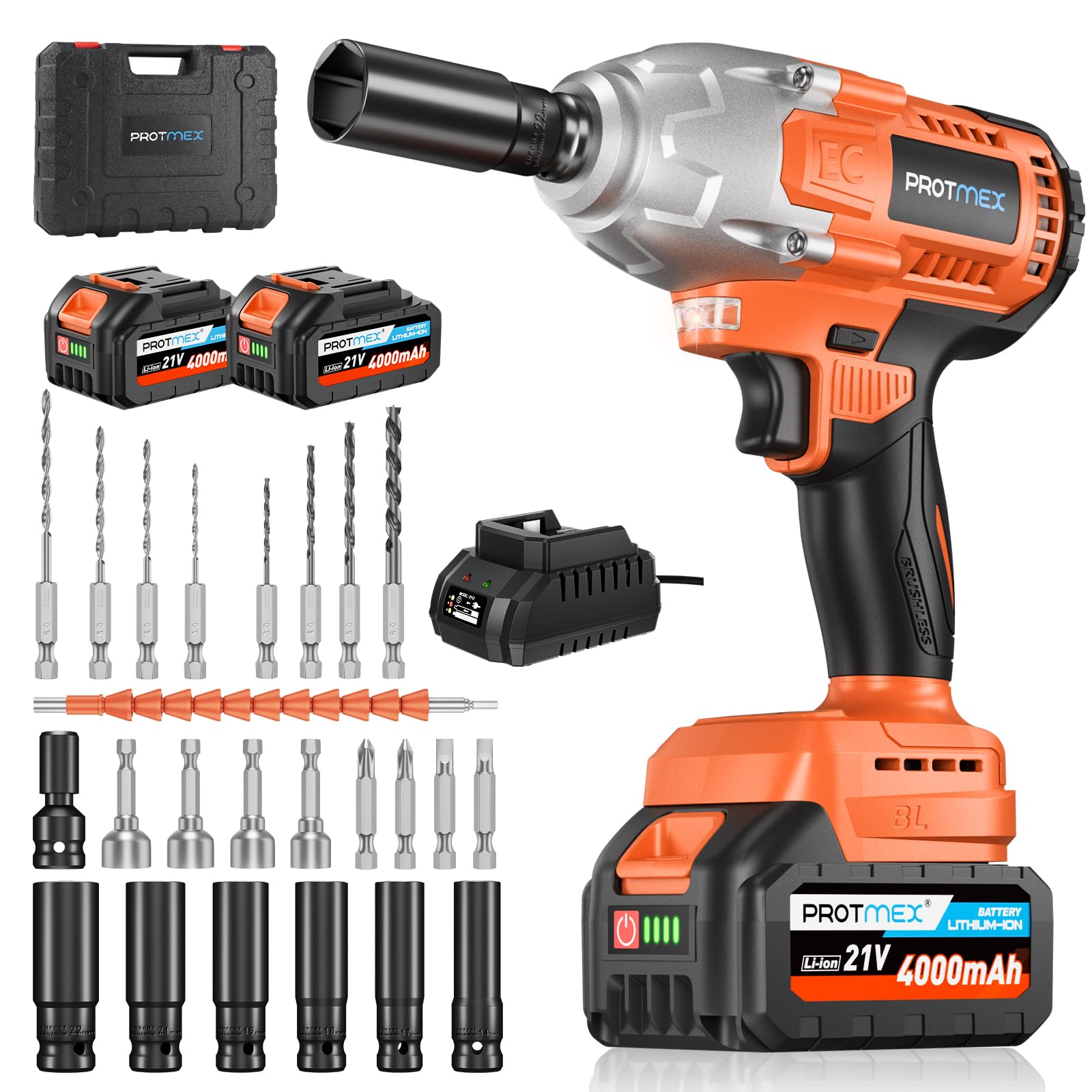 Cordless Impact Wrench, 665Ft-Ibs (900N.m) 1/2" Electric Impact Wrench, 21V Power Impact Drill with 2x 4.0Ah Battery, 6 Sockets, 8 Drill, 6 Screws, Impact Gun Variable Speeds for Car/Truck/Mower