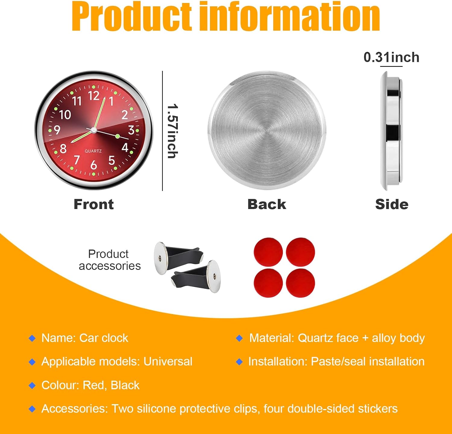 Dickno 2 PCS Stick on Dashboard Car Clock, Mini Tiny Analog Quartz Luminous Air Vent Clocks, Self Adhesive Automotive Vent Clocks Watch, Vehicle Clock for Dashboard Decoration (Red+Black)