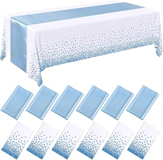 Tudomro 12 Pack White and Light Blue Plastic Tablecloths Satin Runner Set