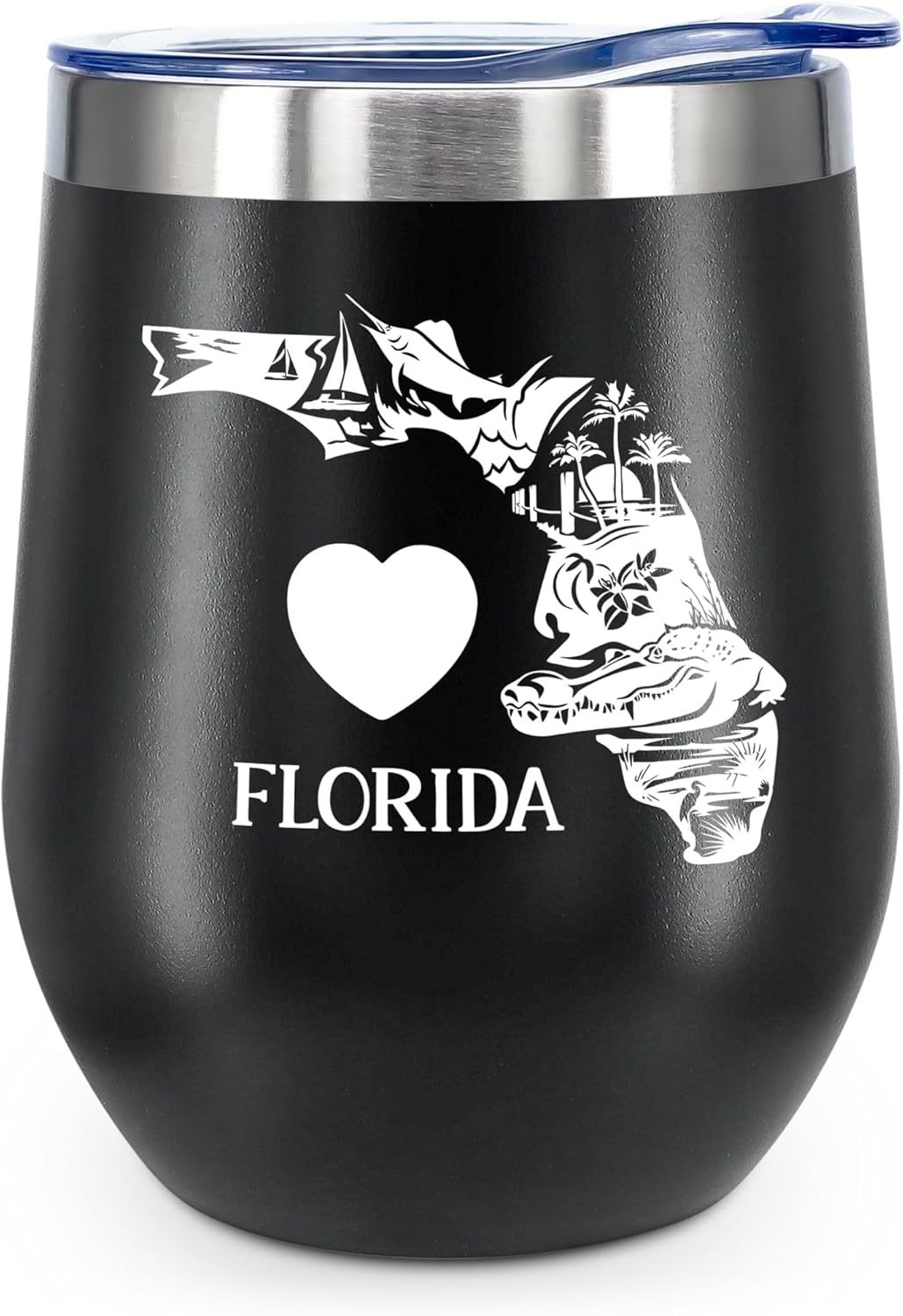 Florida-Themed 12oz Wine Tumbler with Lid, Insulated Vacuum Stainless Steel Coffee Mug, State Pride Travel Cup, Unique Gift Idea for Men, Boyfriend, Husband or Partner (Black)