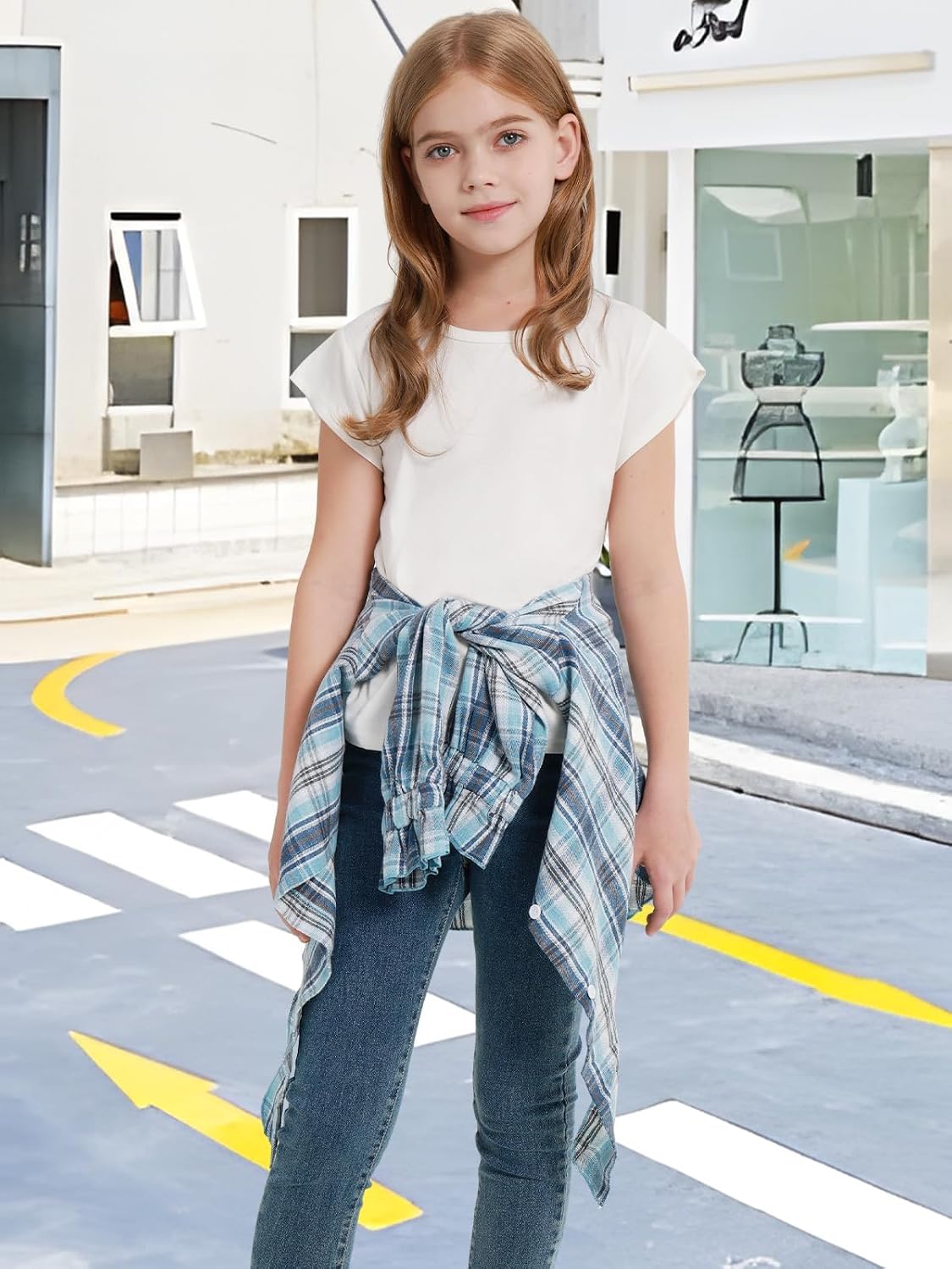 Girls Long Sleeve Flannel Plaid Shirt Casual Button Down Shirts Tie Front Collared Blouse Tops for 5-14 Years