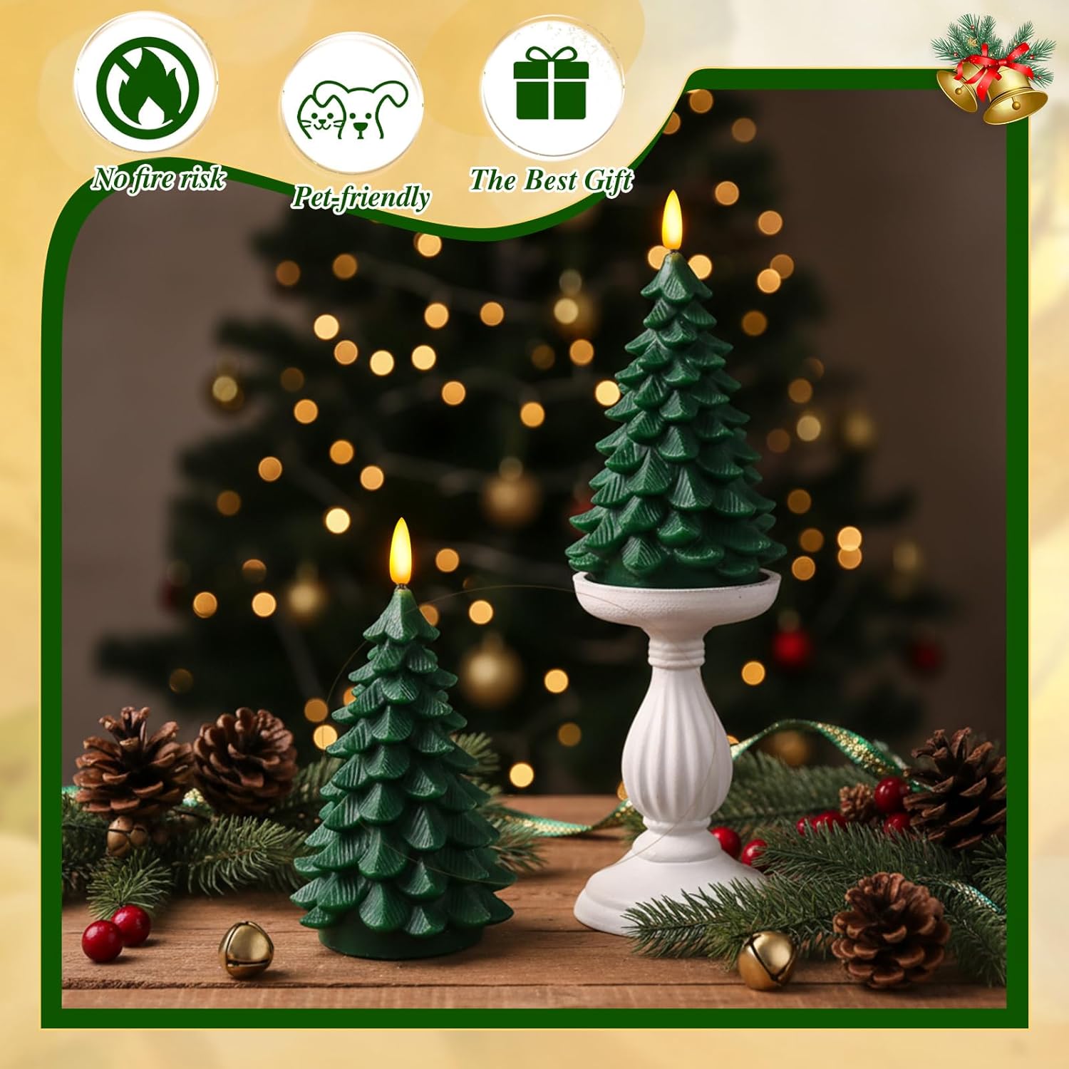 Aurelema 2 Pack 8" Large Christmas Tree Flameless Candle with Remote Timer, Large Real Wax Battery Operated Pillar Candle, 3D Wick LED Flickering Candles for Xmas Party Home Dinner Decor (Green)